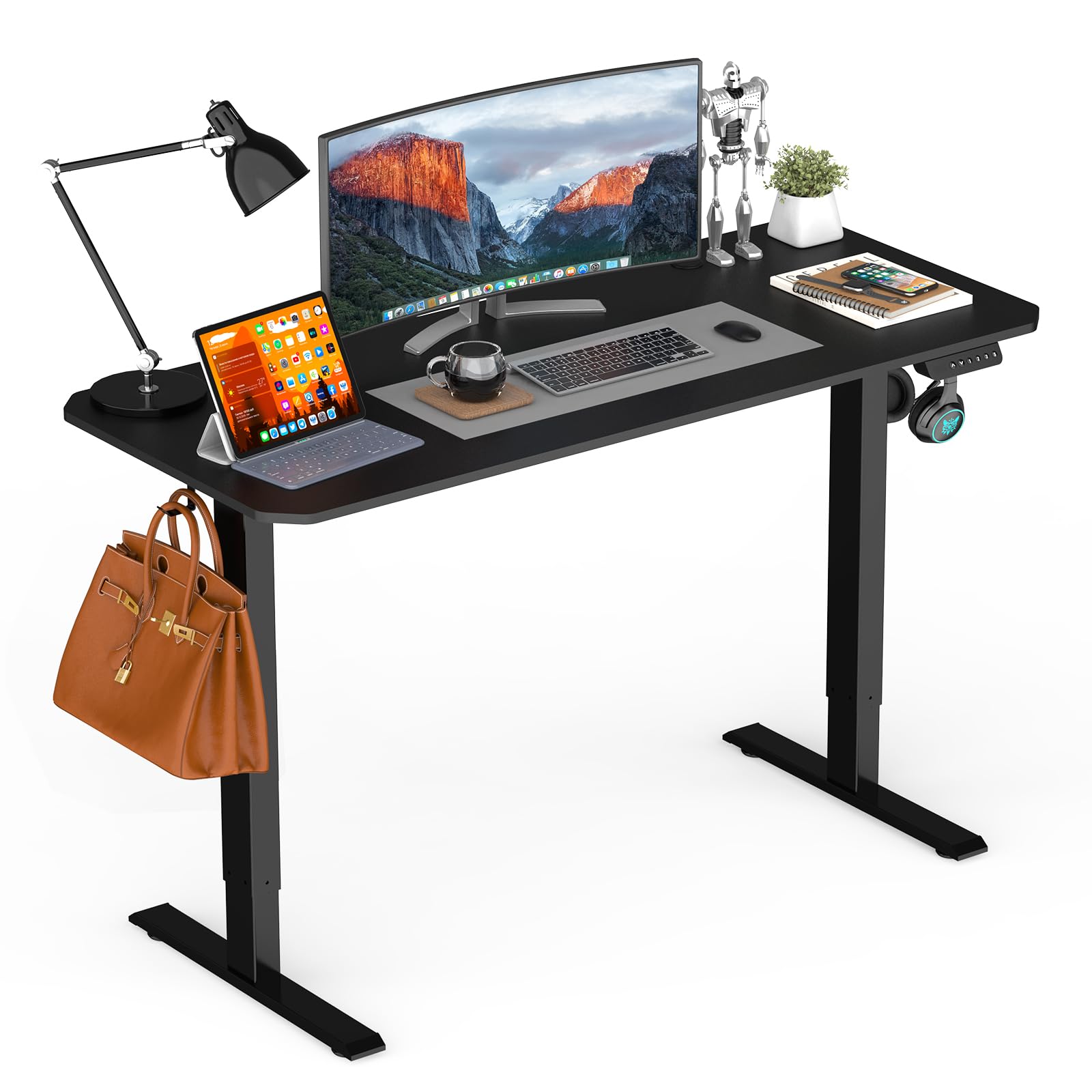 FIVMEN Escritorio de altura regulable de 140 x 60 cm con organizador de cables y 2 ganchos de metal, mesa eléctrica para ordenador, mesa de oficina, mesa de pie, mesa para oficina en casa, oficina en
