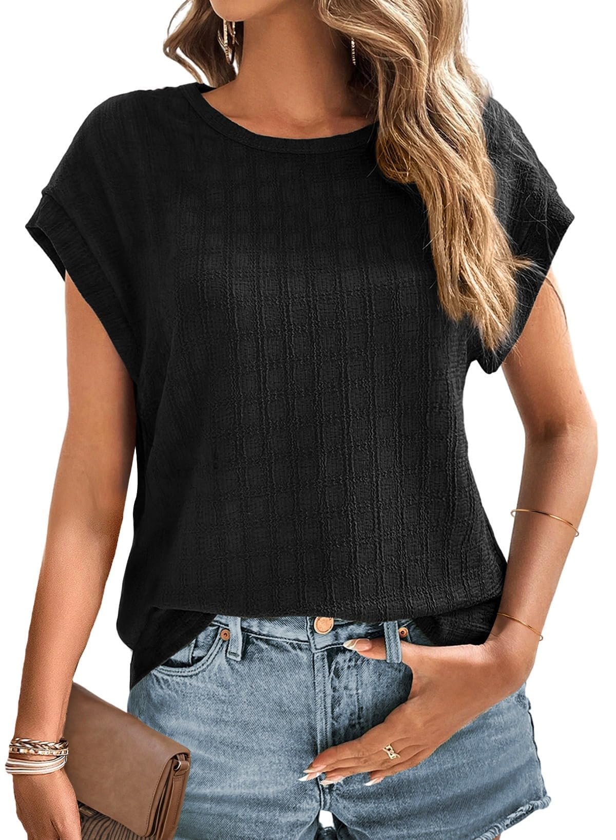 Cuptacc Bluse Damen Sommer Kurzarm Top Rundhalsausschnitt Casual Shirt Oberteile Luftig Schwarz, Mittel M 38-40