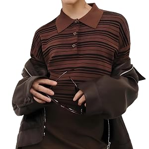Womens Striped Polo Sweater Color Block Long Sleeve Collared Neck Sweater Vintage Preppy Rugby Knit Pullover Tops
