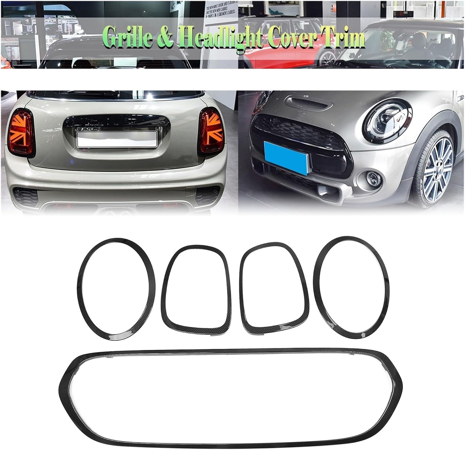 Compatible For Mini Cooper S F55 F56 F57 2014-2021 Upper Bumper Hood Grille Grill Frame Front + Rear Lamp Light Cover Trim Headlight Bezel(Carbon Fiber Look)