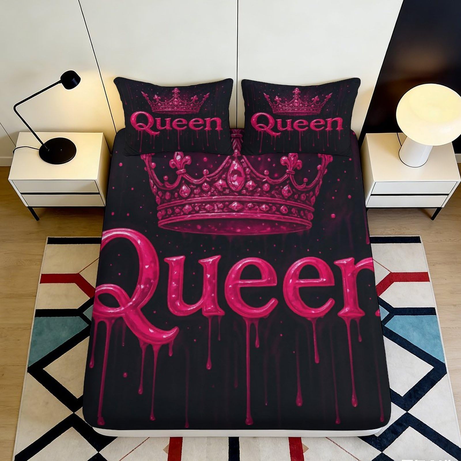 3D Printed Pink Crown Queen Fitted Sheet Microfiber Black Bed Sheet for Bedroom Decor Dorm Mattress Cover 90x200x25cm