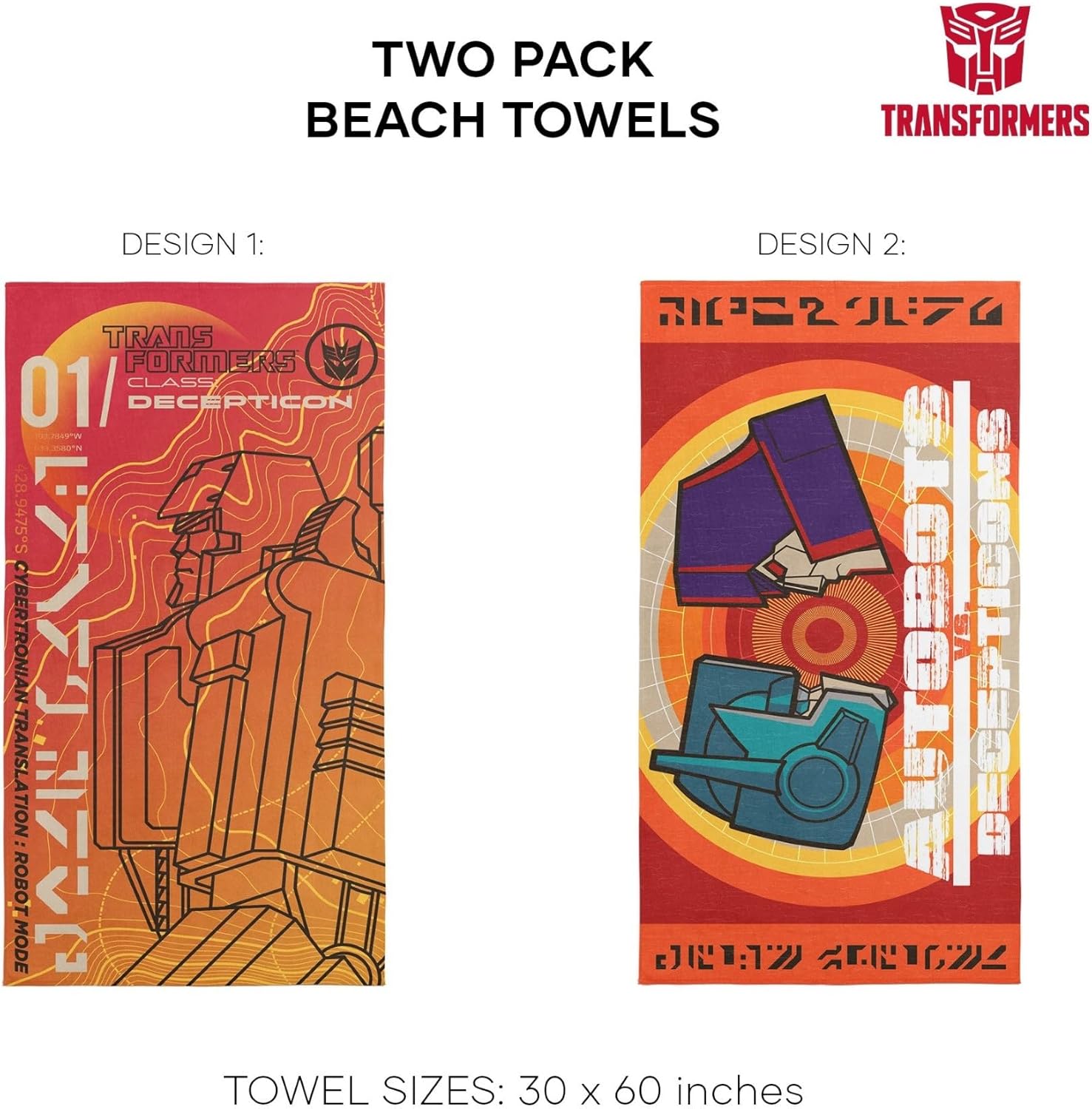 Northwest Transformers Beach Towel 2-Pack, Oversized, Soft, Absorbent, Fast-Drying & Sand-Free Pool Towels, Featuring Decepticon Solar Punk B Designs 30" x 60"