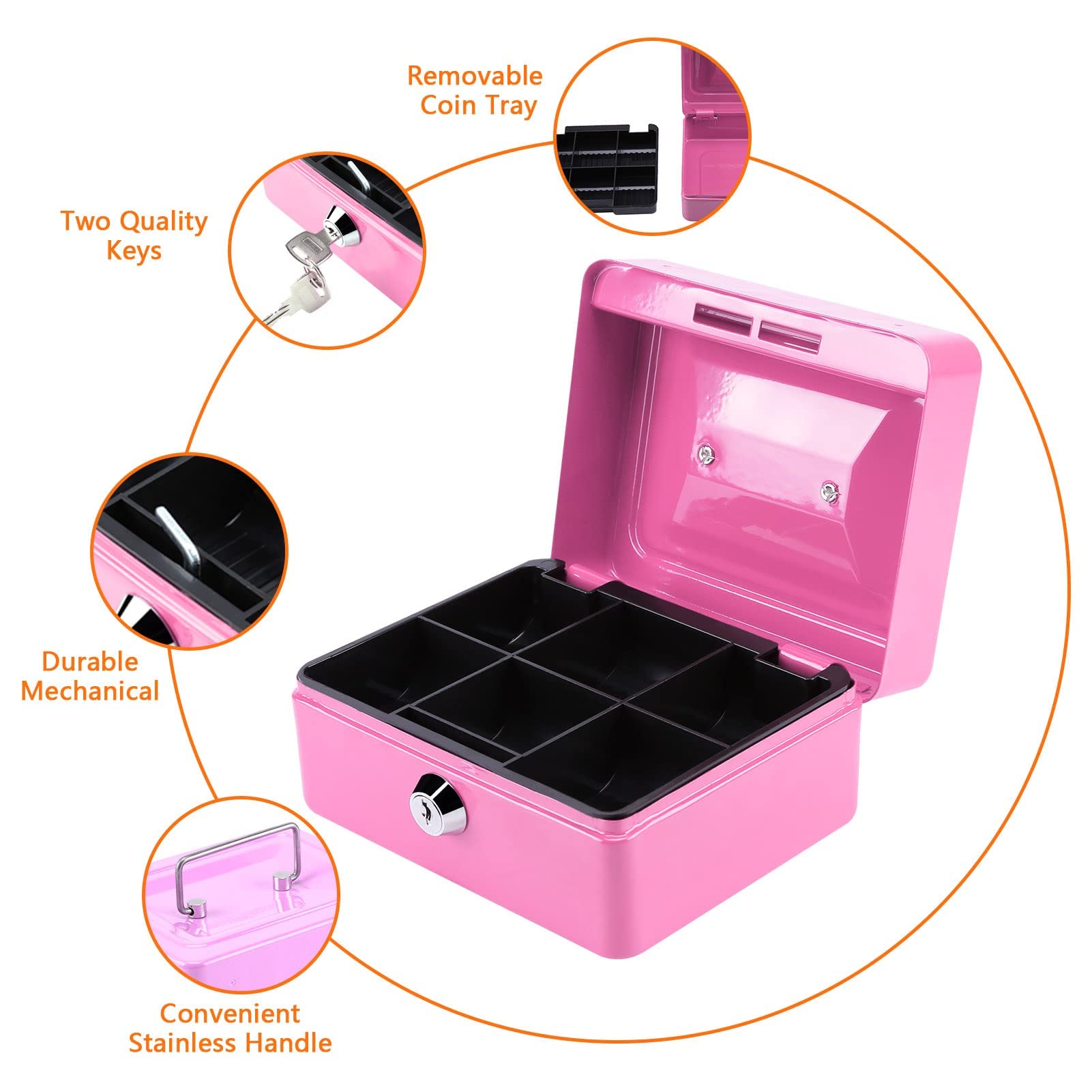 CROWNSHOP Lockable Cash Box 6" Metal Money Box with 2 keys Lockable Portable Petty Cash Money Tin with Removable Change Tray for Home Office and Events (Pink) - Image 4