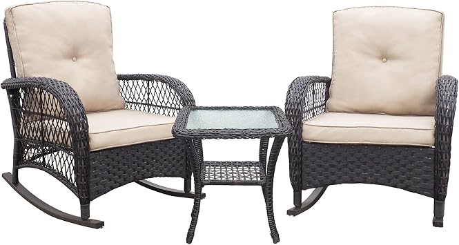 ATR ART TO REAL Garden Bistro Rocking Chair Set of 3 Pieces, Outdoor Resin Wicker Rocking Patio Chair, Outdoor Rocker Chairs with Cushions,Rattan Conversation Sets