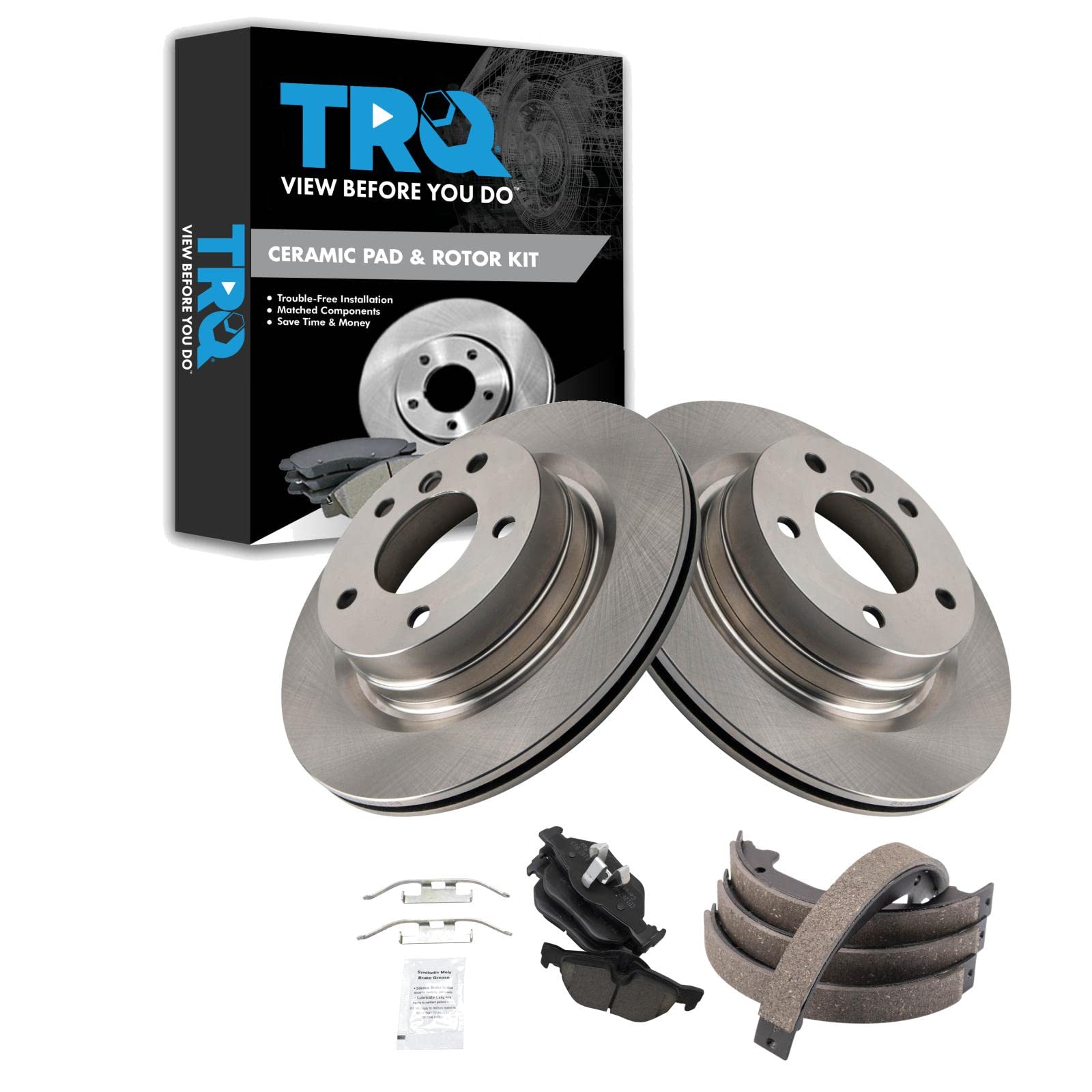 TRQ Rear Brake Pad and Rotor Set Ceramic Parking Brake Shoe Compatible with 2012-2013 BMW 328i without Blue Painted Calipers
