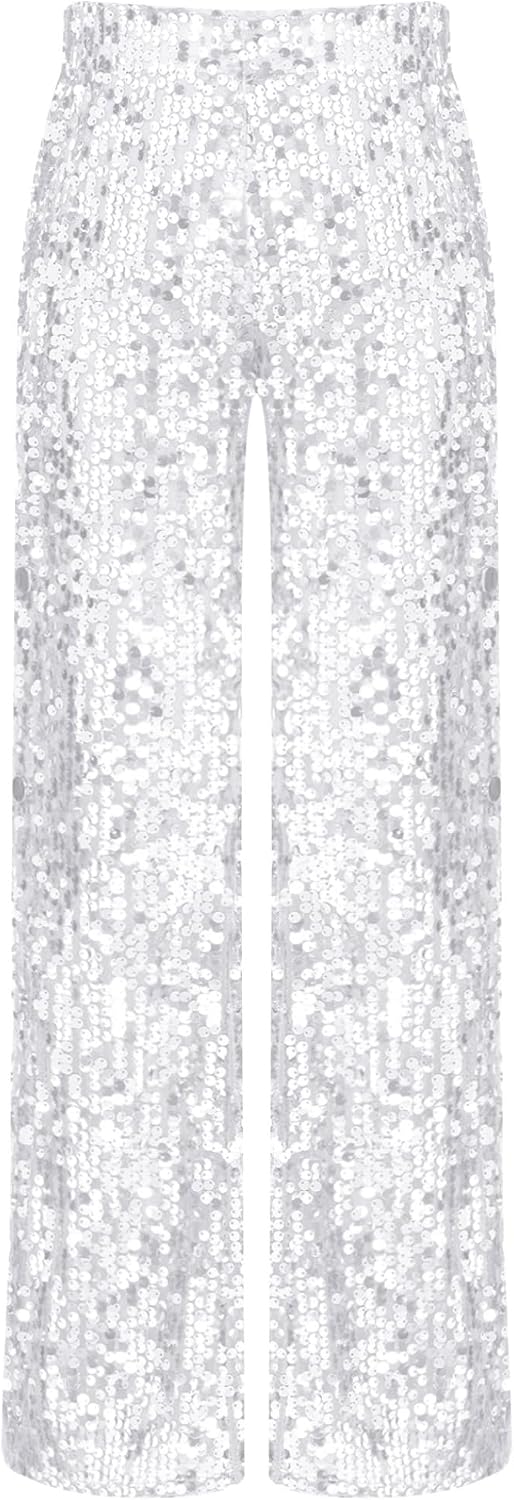 JEYPINMI Girls Sparkly Sequins Bell Bottom Pants 70s Disco Outfits Elastic Waist Glitter Flared Trousers