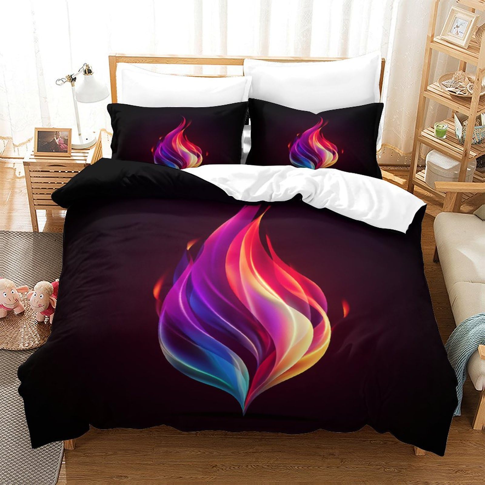 Housse de couette microfibre sans repassage 140x200 cm fermeture éclair motif flammes 3D