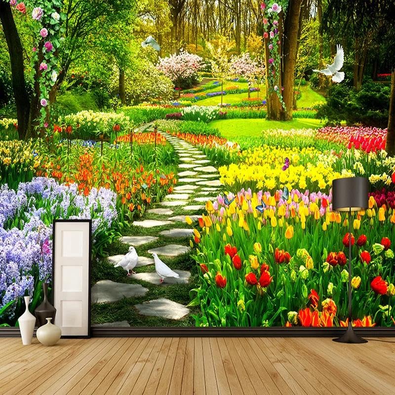 Grande décoration murale salon motif scène florale en tissu de soie 280 x 180 cm