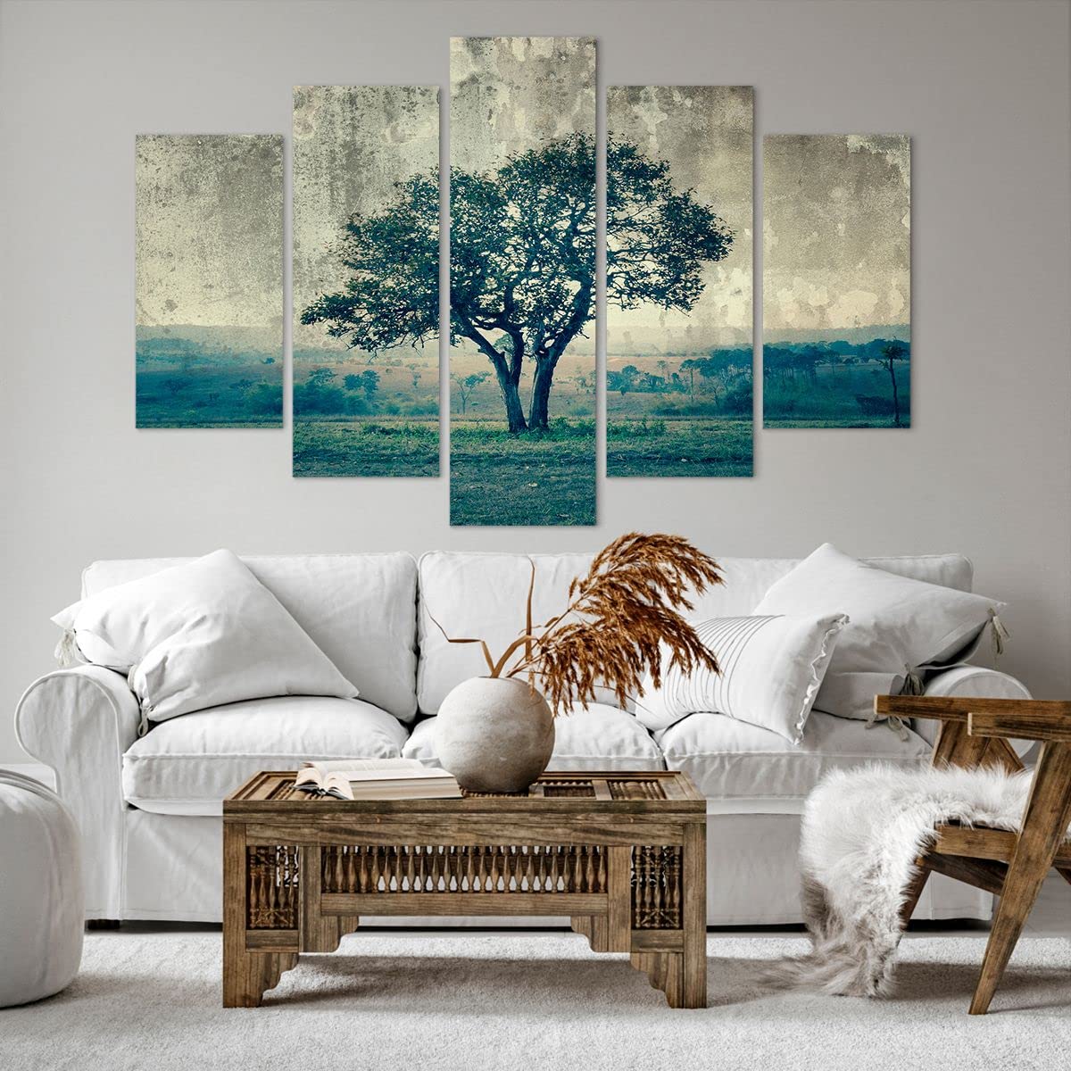 Tableau Sur Toile Moderne 150x100cm - Arbre Nature Champ - Décoration Murale Triptyque 5 Parties Pour Salon Et Chambre