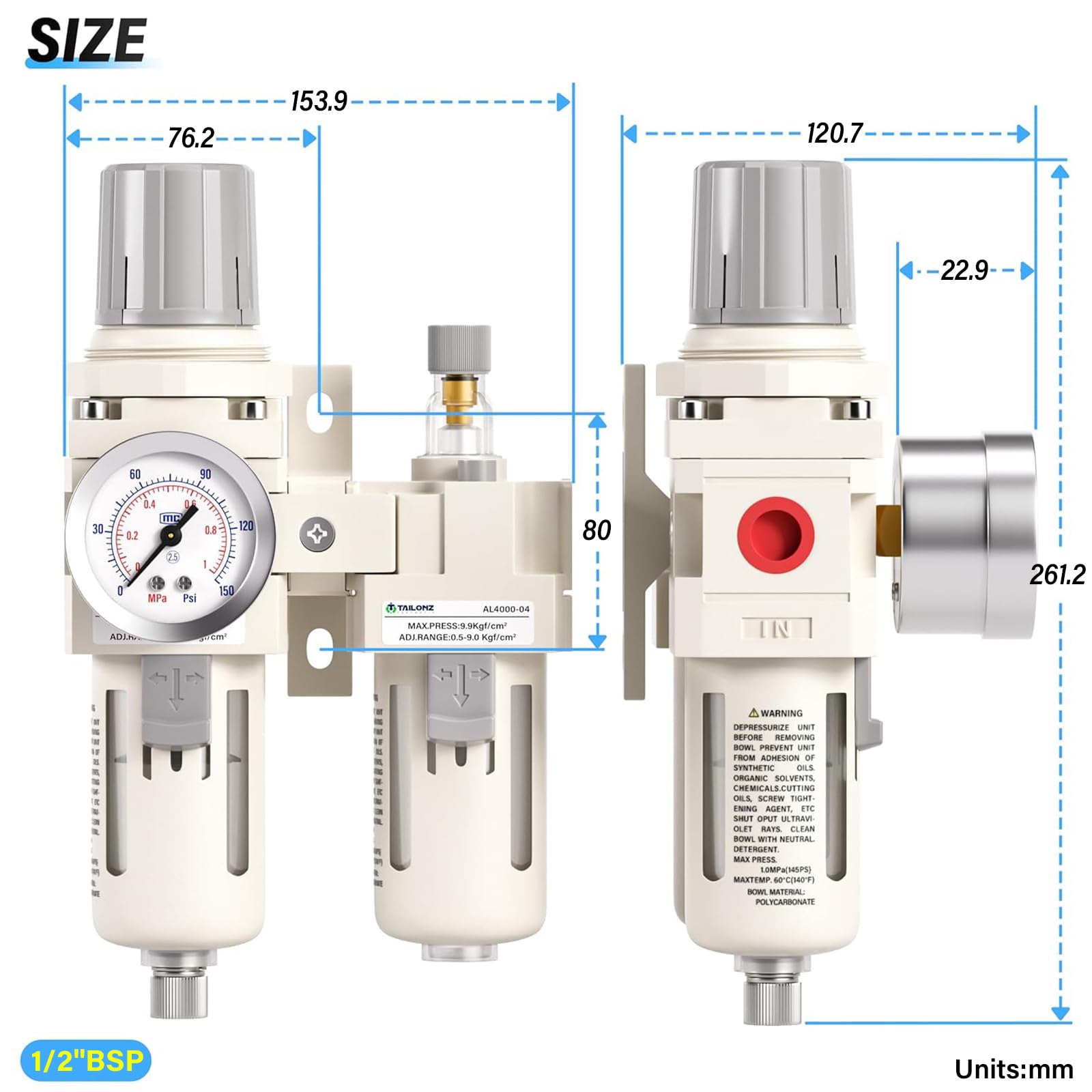 TAILONZ PNEUMATIC 1/2 pollici BSP aria filtro regolatore di pressione acqua/olio trappola separatore Combo (0-1MPA), aria strumento compressore filtro con calibro AC4010-04 (drenaggio manuale)