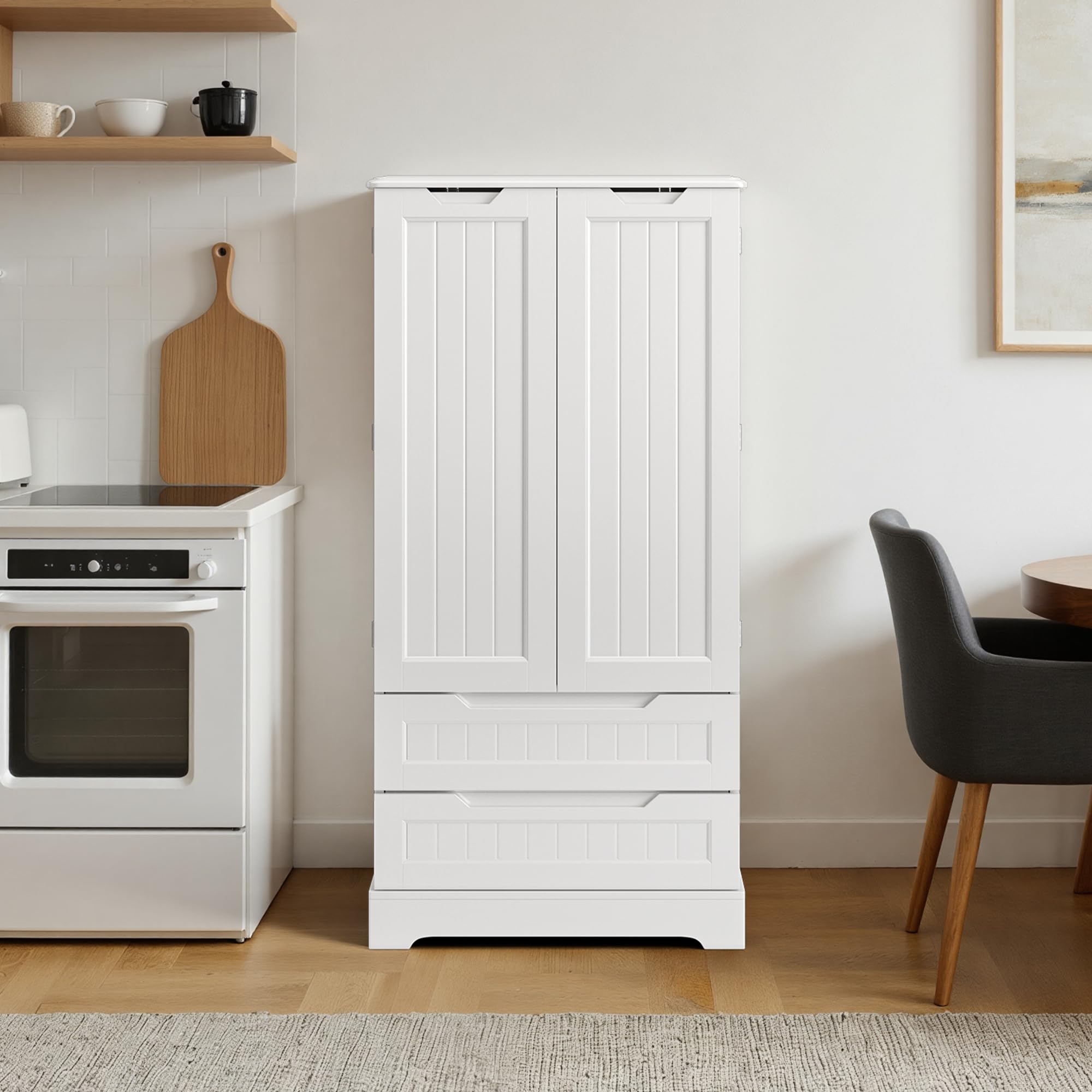 Küchenschrank Weiß mit Holzplatte, Buffetschrank mit 2 Schubladen und Türen, Vorratsschrank Landhausstil, Sideboard Aufbewahrungsschrank für Küche, Esszimmer und Wohnzimmer