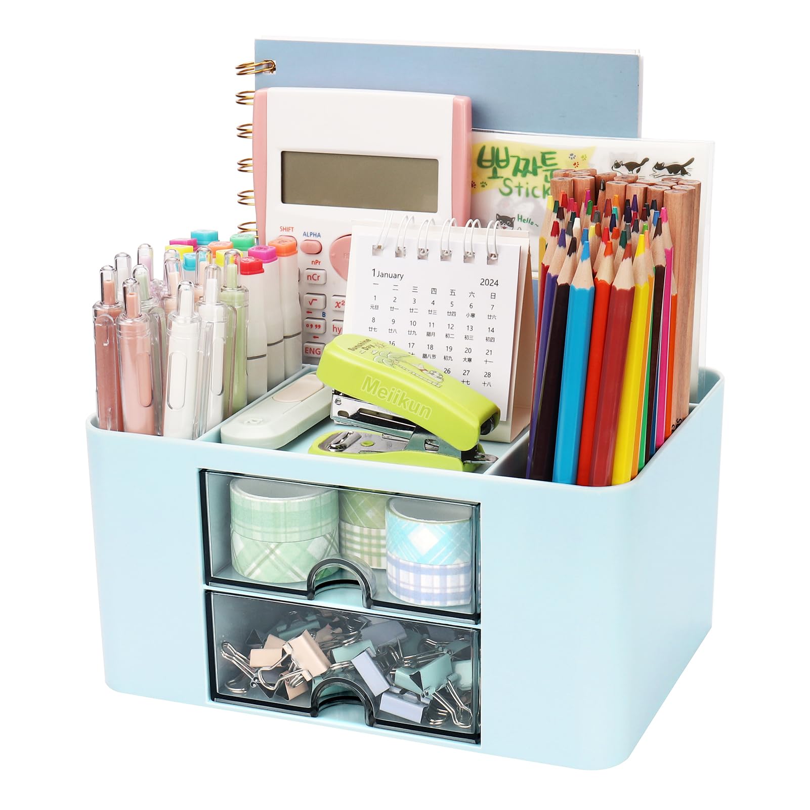 Meiikun Stift-Organizer aus Kunststoff, multifunktionaler Schreibtisch-Organizer mit 2 Schubladen, 4 Fächern und einer oberen Ablage, Stifthalter, Schreibtisch-Organizer und Zubehör für Büro, 19,6 x