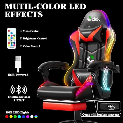 Miniatura 4 de Silla de Juego, Sillas de Juego con Luces RGB LED de Estilo Carrera para Adultos y Niños, Silla Gamer con Masaje Lumbar, Silla de Computadora