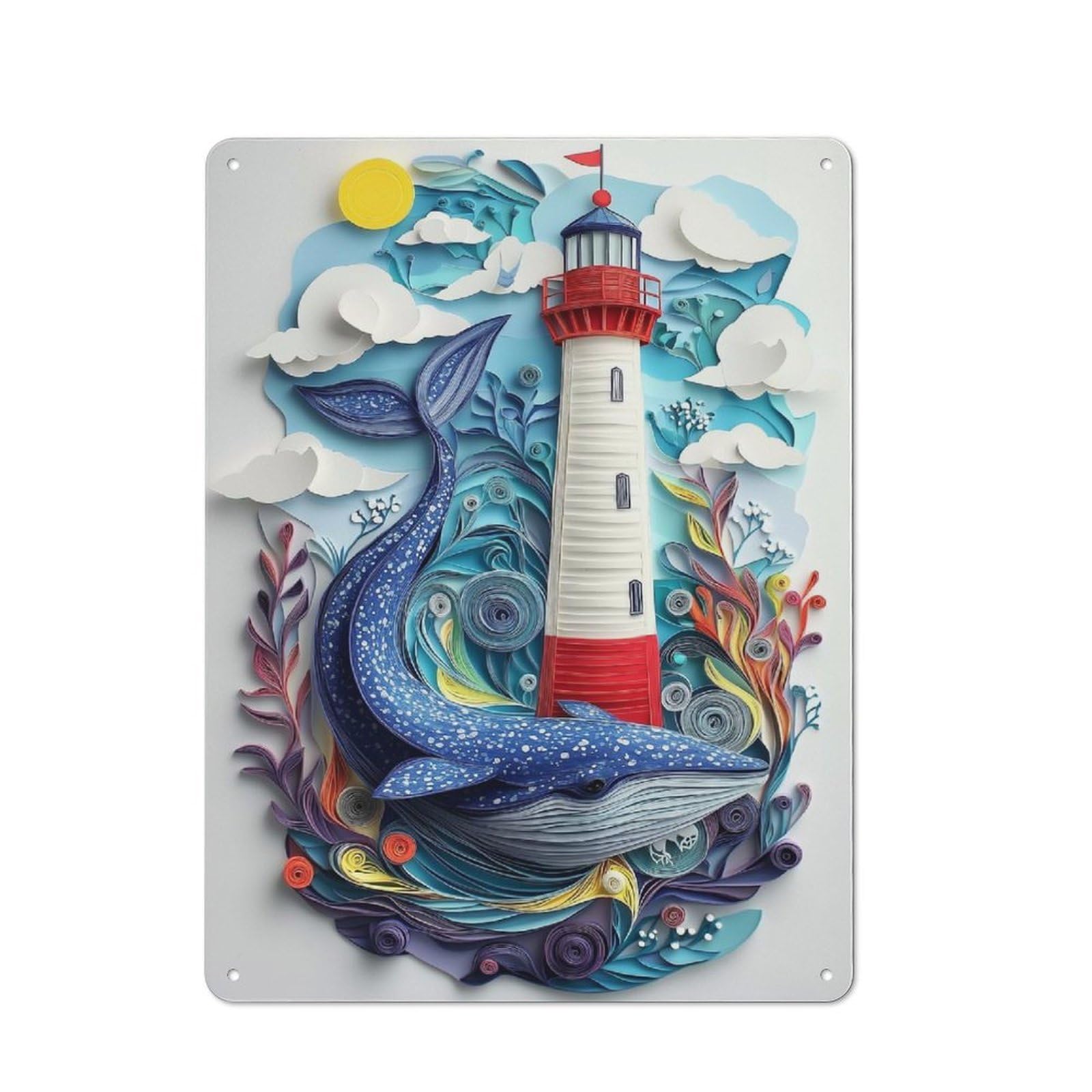 Junmoney Papercraft Whale & Lighthouse Metal Wall Sign 40X30cm Featuring For Pub Or Café, For Pub Decor Enthusiasts, For Retro Home Interiors