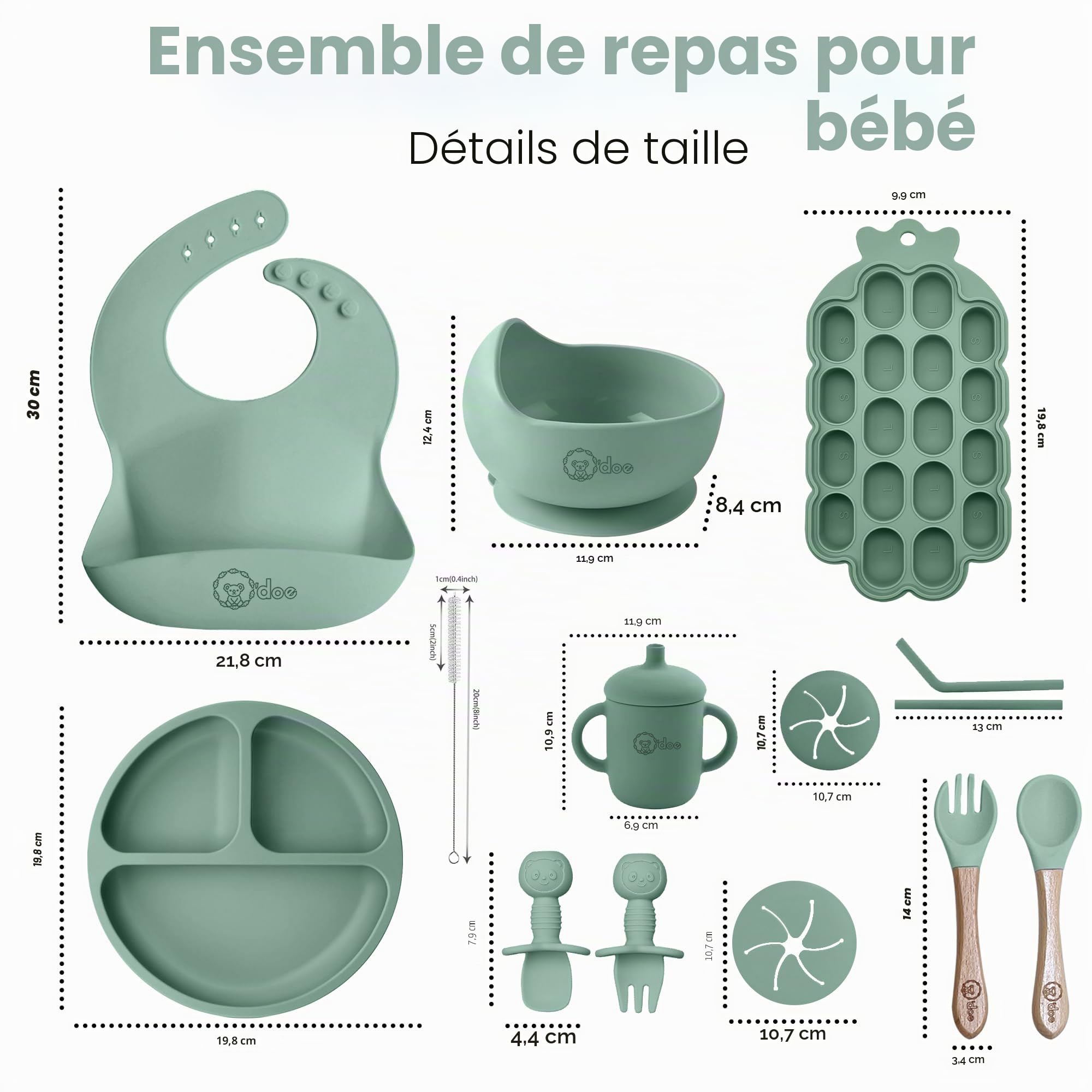 Set Repas Bébé 15 Pièces avec Bol Silicone à Ventouse, Cuillères, Tasses, Bavoirs, Assiettes