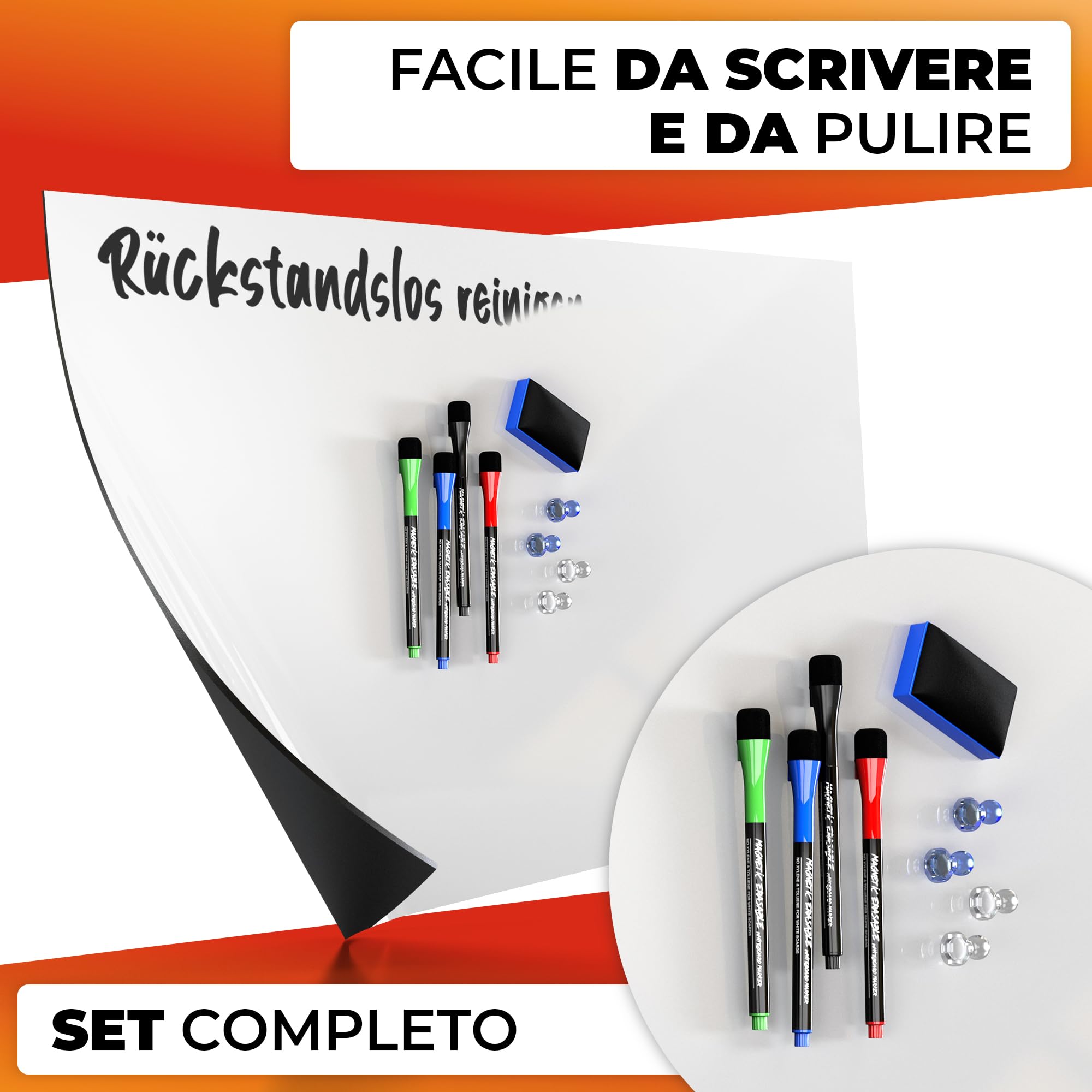 Foglio per lavagna bianca 40x60cm - foglio magnetico 3M autoadesivo - foglio per lavagna magnetica - ferro foil bianco - foglio per lavagna bianca incl. 4 pennarelli, cancellino e 4 spilli