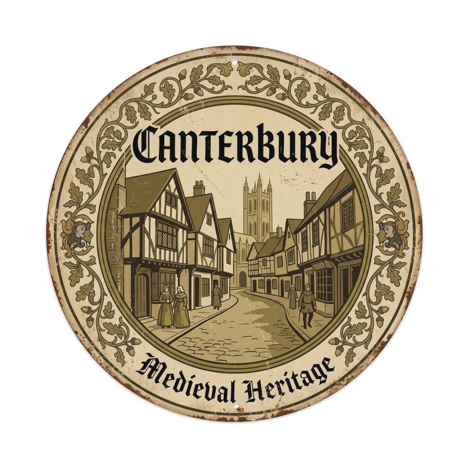 Cmhok Vintage Style Vintage Travel Canterbury Historic Town Metal Tin Sign Plaque Wall Decor For Cafe, Club, Garden Round Metal Poster 8X8inch