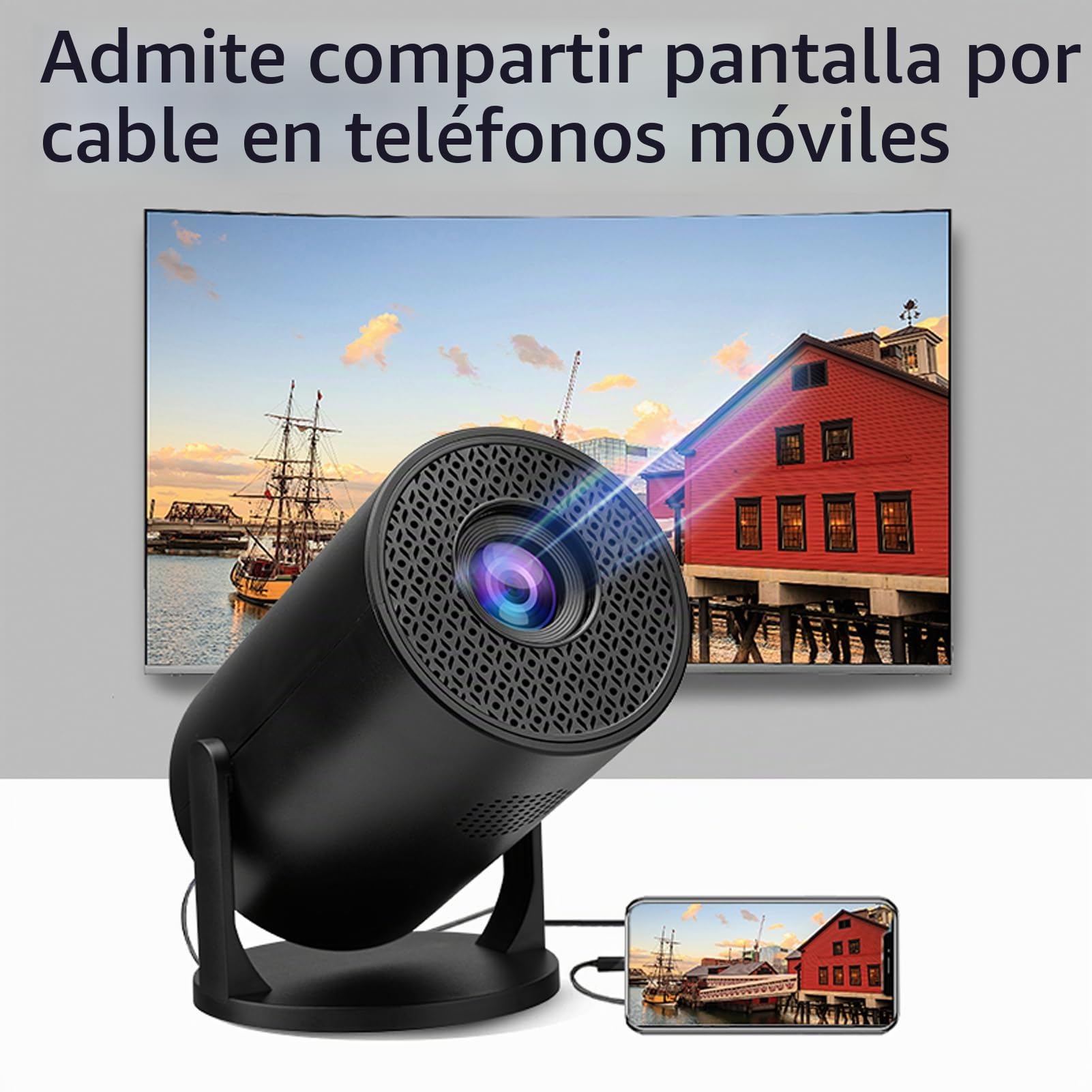XUMIUZIY Mini Proyector Portátil Full HD 1080P Negro con Fidelidad Sin Cables y Bluetooth, Giratorio de 270°, Proyector de Cine en Casa Pequeño con Pantalla de 150''