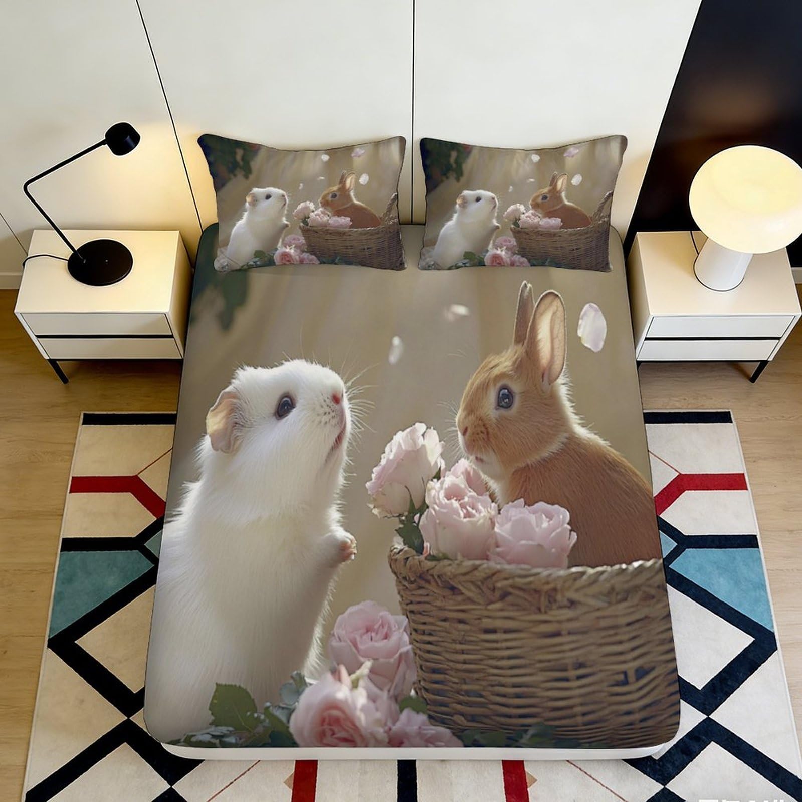 Pnayamiorkfel Style-7 3D Printed Rabbit Rose Fitted Sheet Microfiber Soft Breathable Guinea Pig Bed Cover For Bedroom Dorm Decor 90X200x25cm