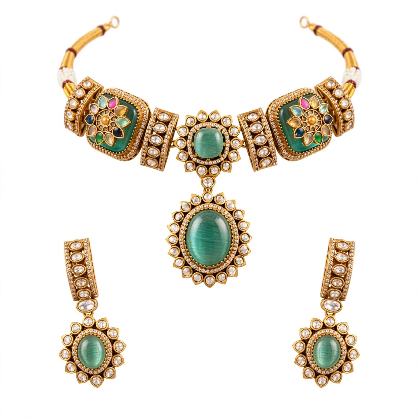 Kundan Jewellrs - Gargantilla Kundan de cabujón verde menta con aretes de