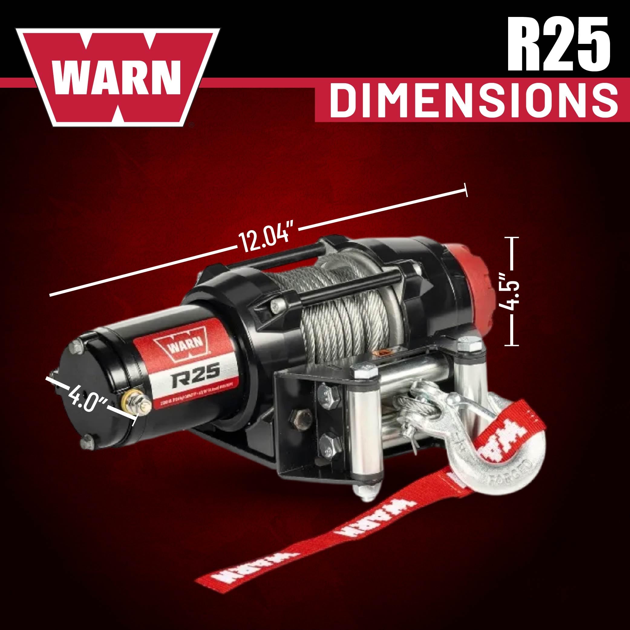 Warn R25 Drahtseilwinde, 1,1 kg Zugleistung, ausgestattet mit 1,5 m Stahlseil und fernmontiertem Wippschalter – Rollen-Fairlead für ATV, UTV, Side by Side, SXS Recovery & Abschleppen