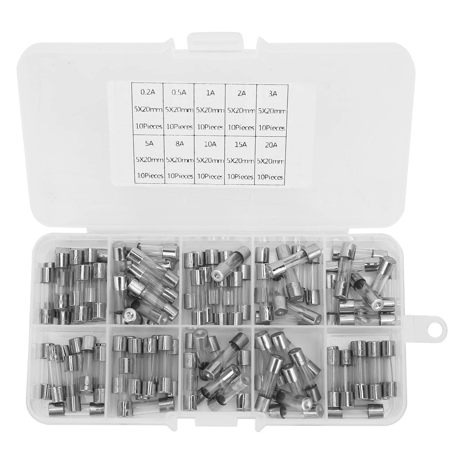 100 Szt. Bezpiecznik Szklany 5x20mm 0.2/0.5/1/2/3/5/8/10/15/20AMP ​​zestaw Bezpieczników Szklanych Różne Materiały Przemysłowe o Silnych Właściwościach Mechanicznych
