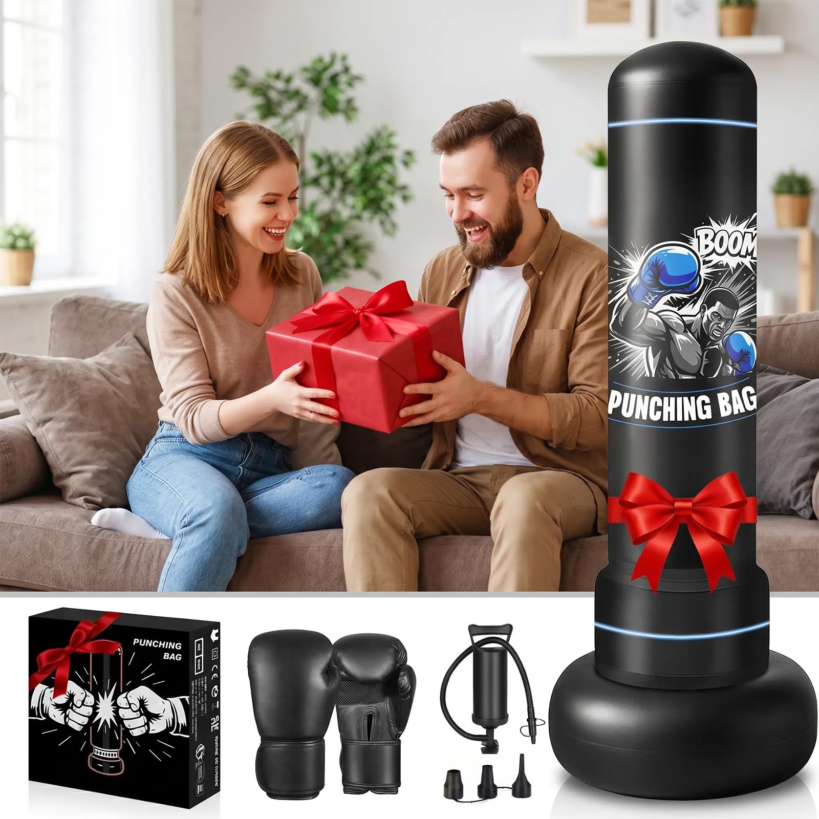 Qoosea Sacco da Boxe da Terra 180cm, Stabile Sacco da Boxe per Adulti Pungiball con Guantoni e Pompa, Sacchi da Box Gonfiabile per Pratica di TaekwondoKarate MMA Fitness
