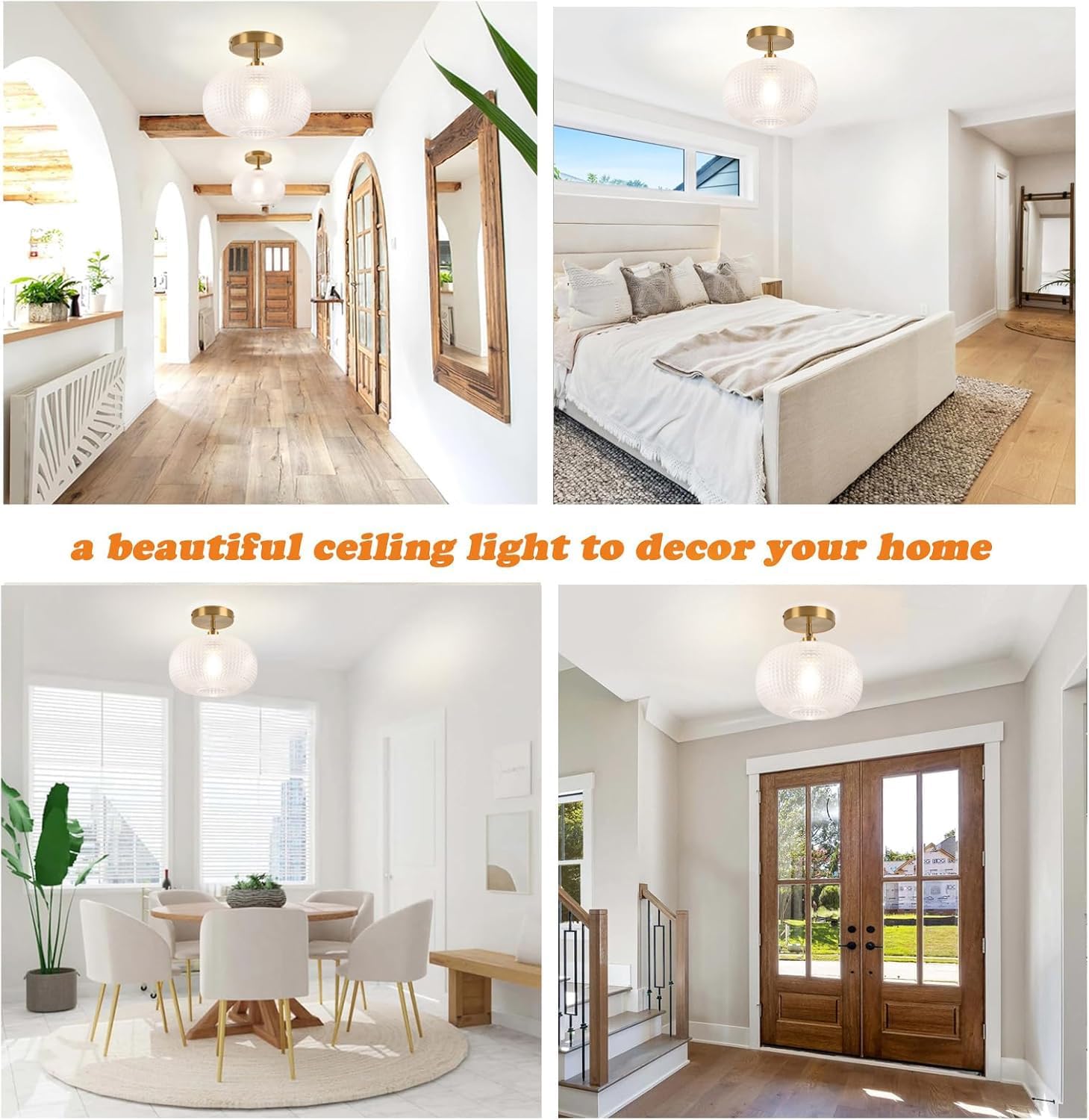 Gold Semi Flush Mount Ceiling Light Fixture,Hallway Light Fixtures,Industrial Close to Ceiling Mount,Globe Glass Ceiling Fixture,Vintage Ceiling Lamp,Farmhouse Lighting for Bathroom Entryway Bedroom