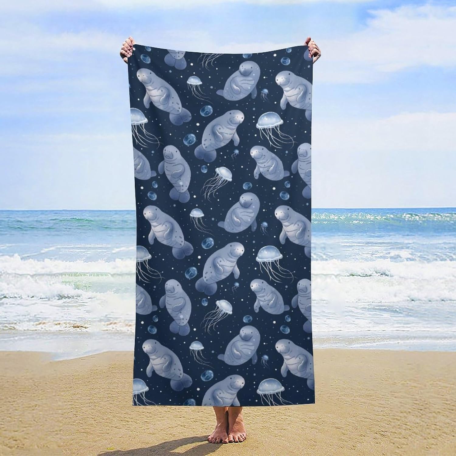 Manatee and Jellyfish Bath Towel Beach Towels Quick Dry Oversized Bath Blanket Highly Absorbent Towel for Women Men 160x80cm