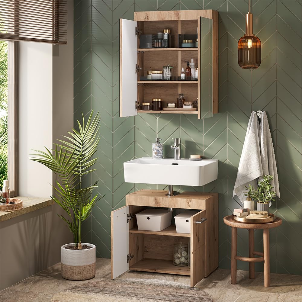 Vicco Set mobili bagno Luna, Quercia Wotan, 60 cm, composto da specchio da bagno e mobile sottolavabo