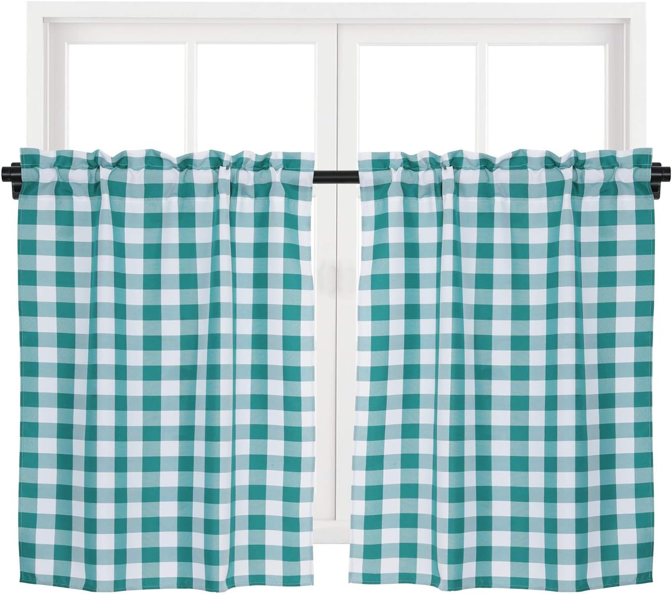 Buffalo Plaid Cafe Curtains Light Filtering Rod Pocket Tier Half Window Curtains Farmhouse Kitchen Bathroom Short Curtains, Green/White, 28" x 36", Set of 2