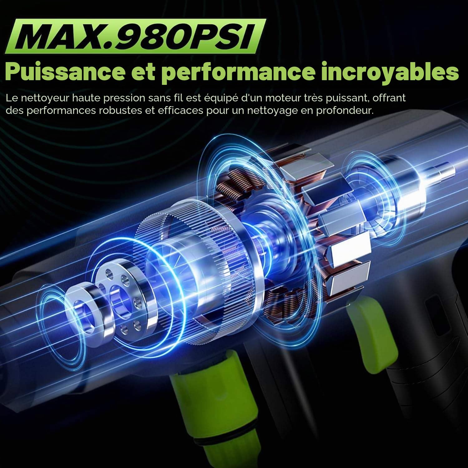 Nettoyeur Haute Pression sans Fil, 980 PSI / 120 Bar - Portable avec Pompe d'Aspiration - 6 en 1 Buses & Détergent - pour Voiture, Terrasse, Jardin (5m Tuyau) (A-2 Batterie)
