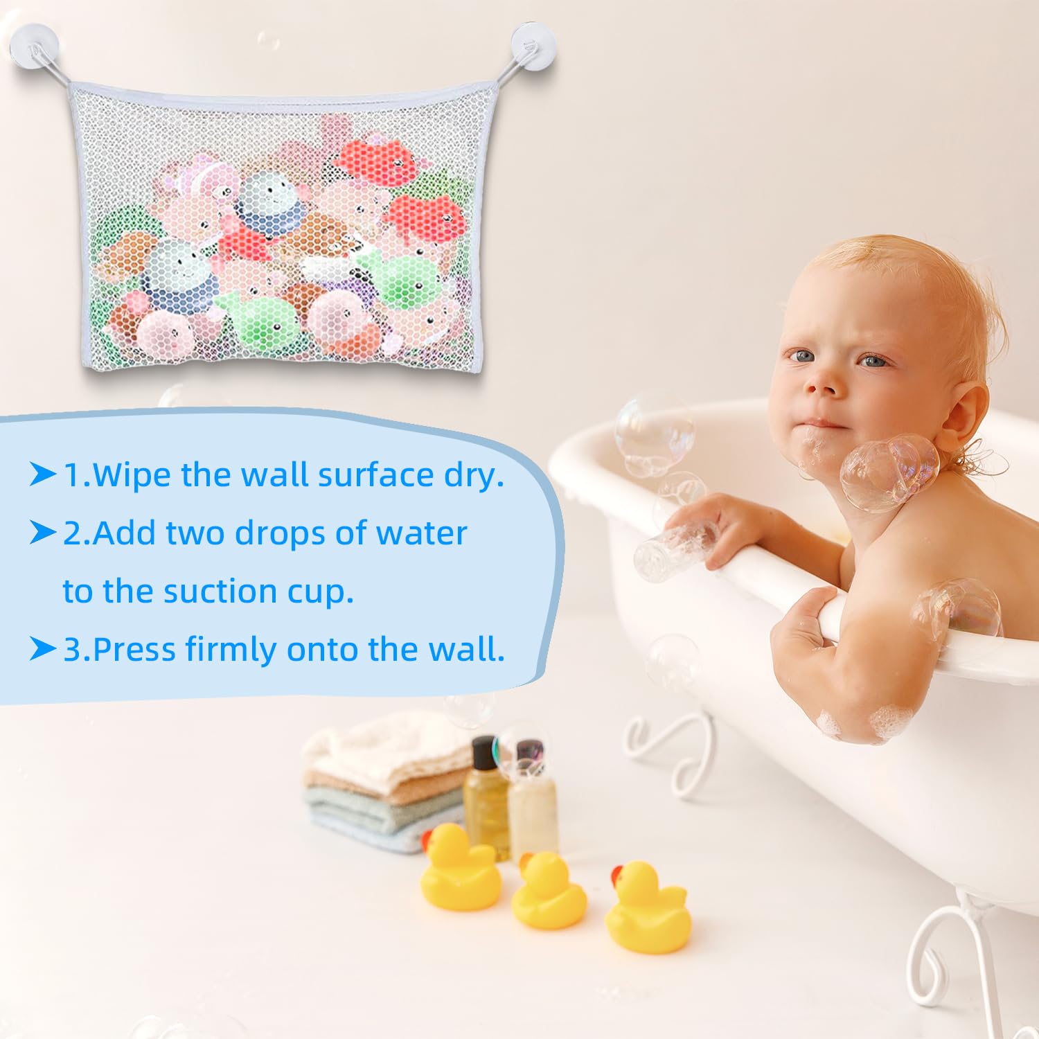 Red de Almacenamiento para Juguetes de Baño (35x45cm) con Ventosas y Ganchos Adhesivos, Organizador Juguetes Niños, Bolsa de Malla para Baño y Bebés