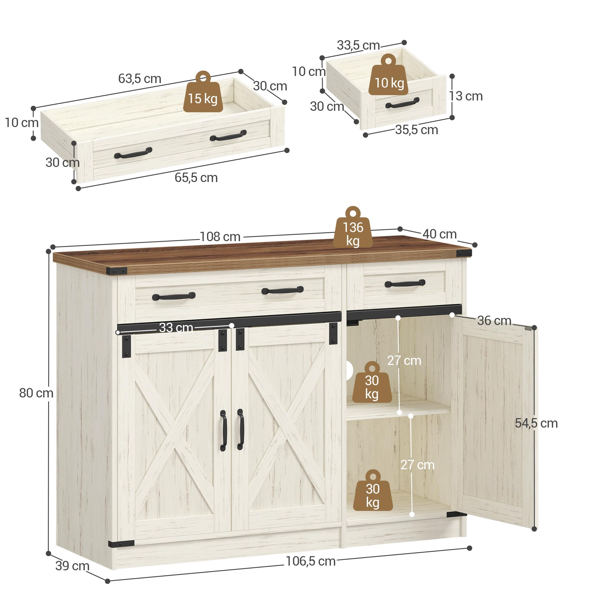 Hzuaneri Armario de Cocina, Aparador Cocina, Armario de Almacenamiento con 2 Cajón, 3 Puertas, Estantes Ajustables, 40 x 108 x 80 cm, Blanco Rústico y Marrón Miel SC85814X