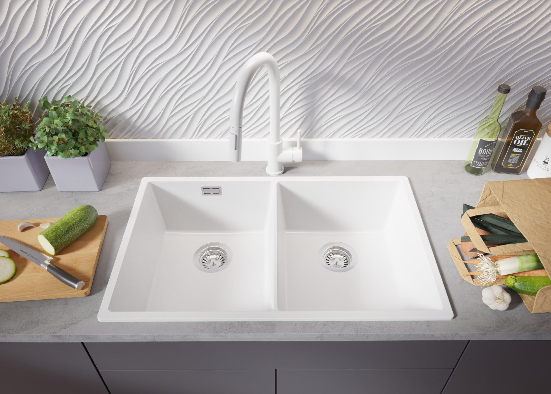 PRIMAGRAN Fregadero Cocina Blanco - London Twin Slim, 76x47cm | Granito 2 Senos + Set de accesorios, sobre Encimera al Mueble 80cm (S036)