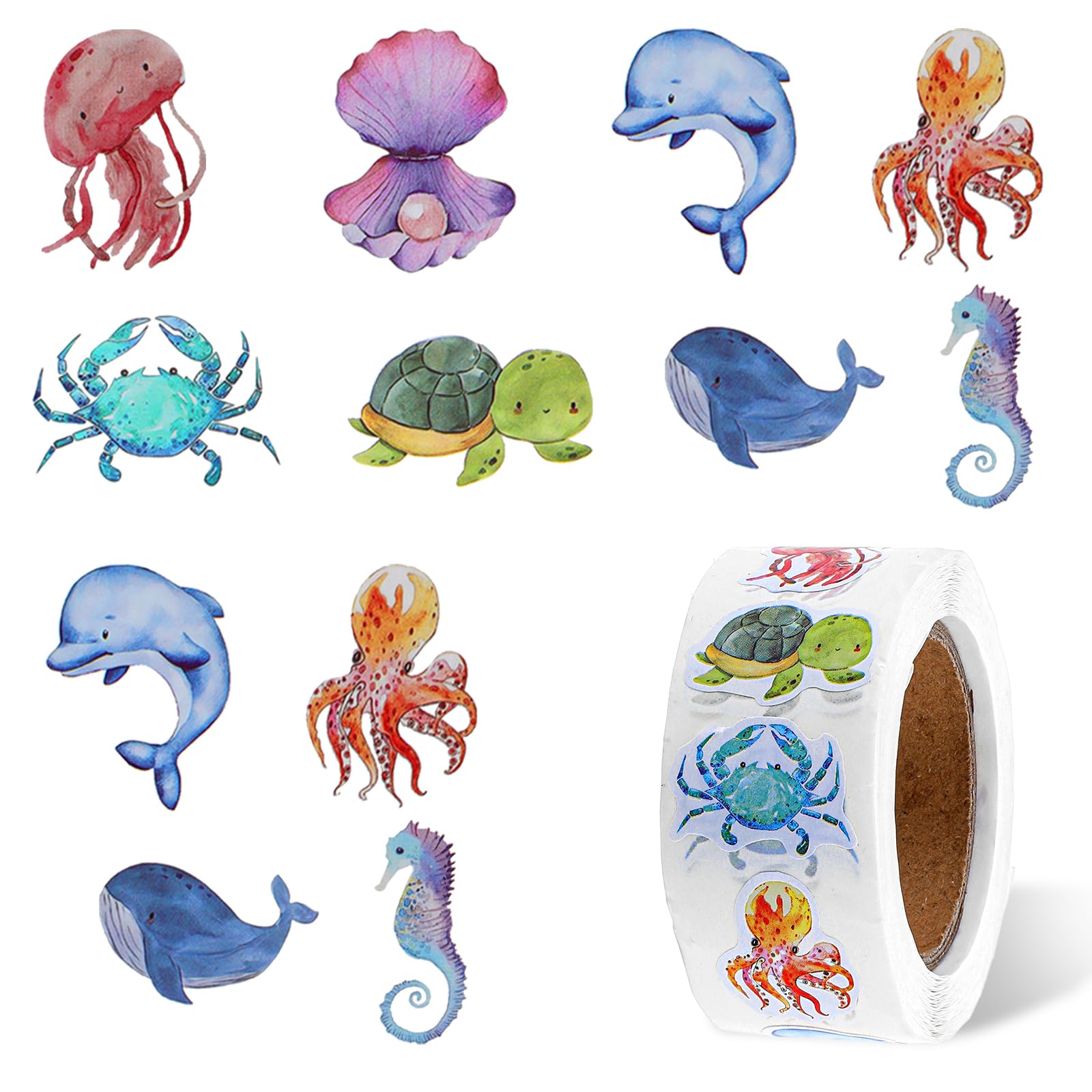 500 Pcs Cute Animal Ocean Stickers Rolls, Waterproof Under The Sea Fish Animal Stickers, Strong Adhesion Sea Creature Labels for Office Supplies