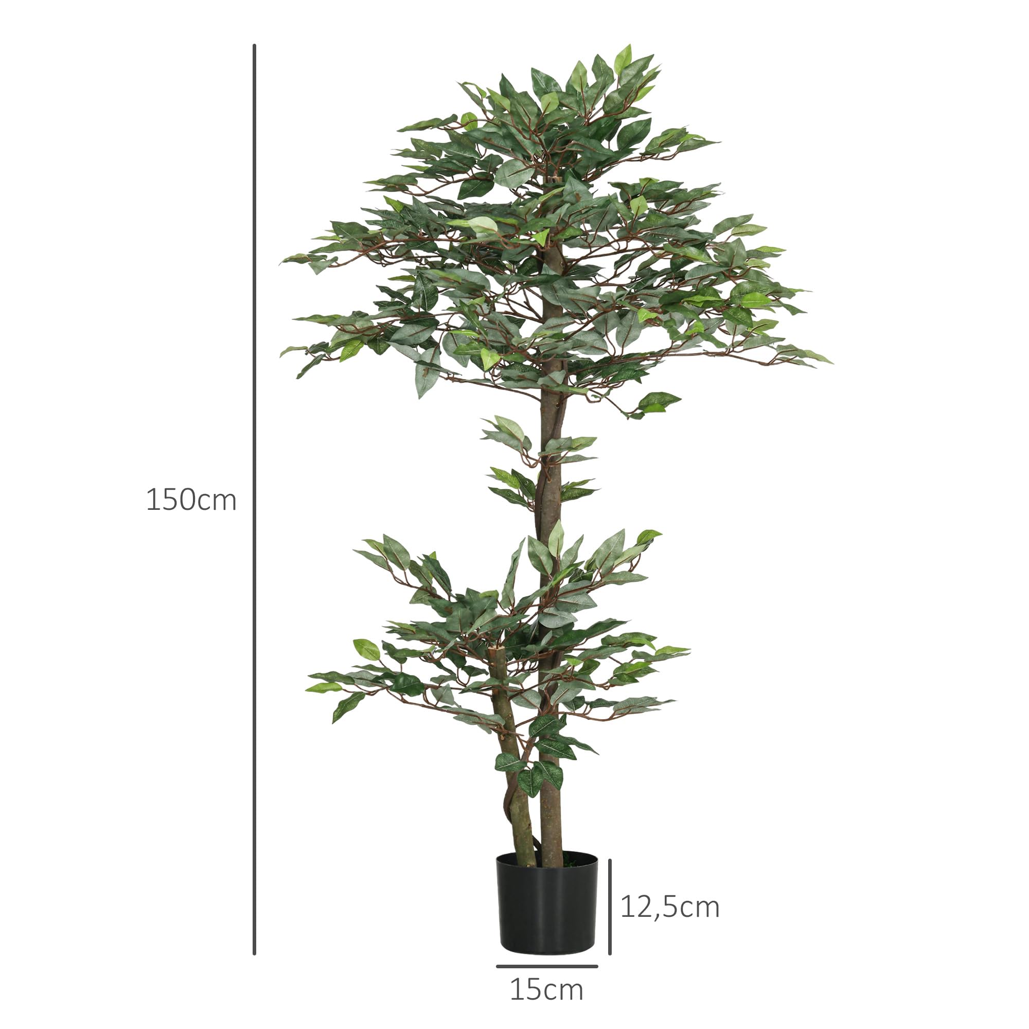 Outsunny Arbre Artificiel Ficus Hauteur 1,5 m Grand Réalisme Pot Inclus | Plante Artificiel, Tronc, Branches, Liane, Lichen, Feuilles