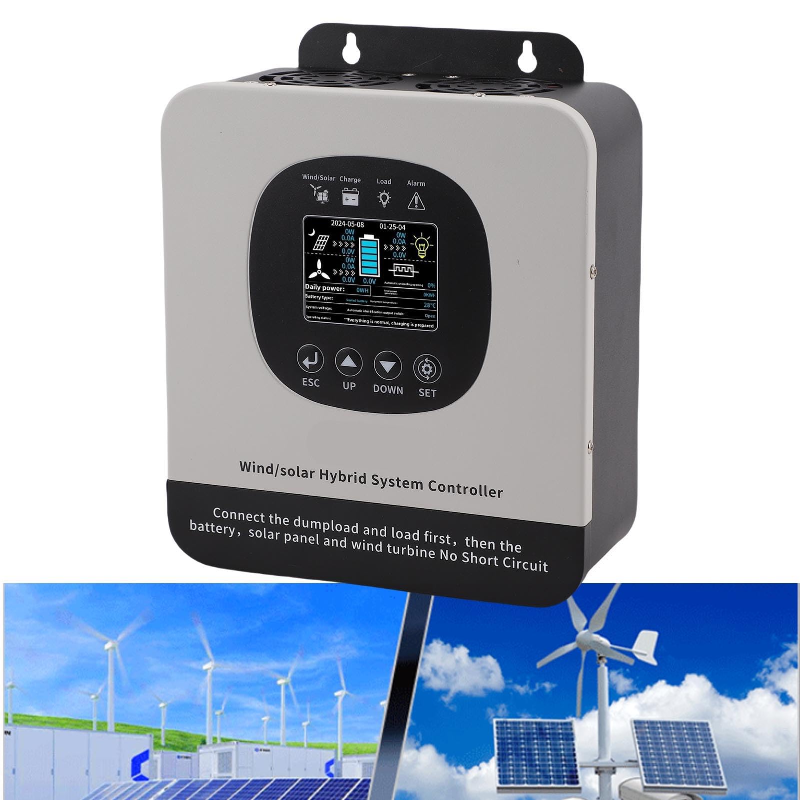 FILFEEL Wiatrowy Kontroler Słoneczny 1200 W Wiatr + 800 W Panel Słoneczny MPPT/PWM Regulator do Systemów Akumulatorowych 12 V 24 V 48 – Metalowa Obudowa z Wyświetlaczem LCD i Inteligentnym Chłodzeniem