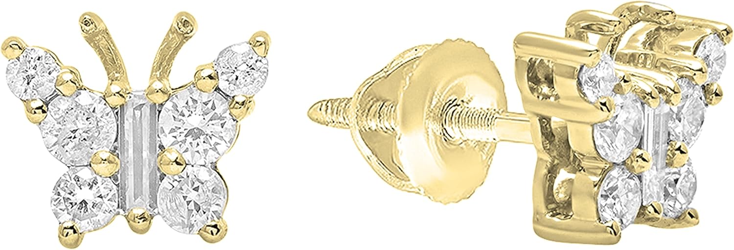 Dazzlingrock Collection 0.48 Ctw Baguette & Round White Natural Diamond Butterfly Stud Earrings for Women in 10K Real Solid Gold