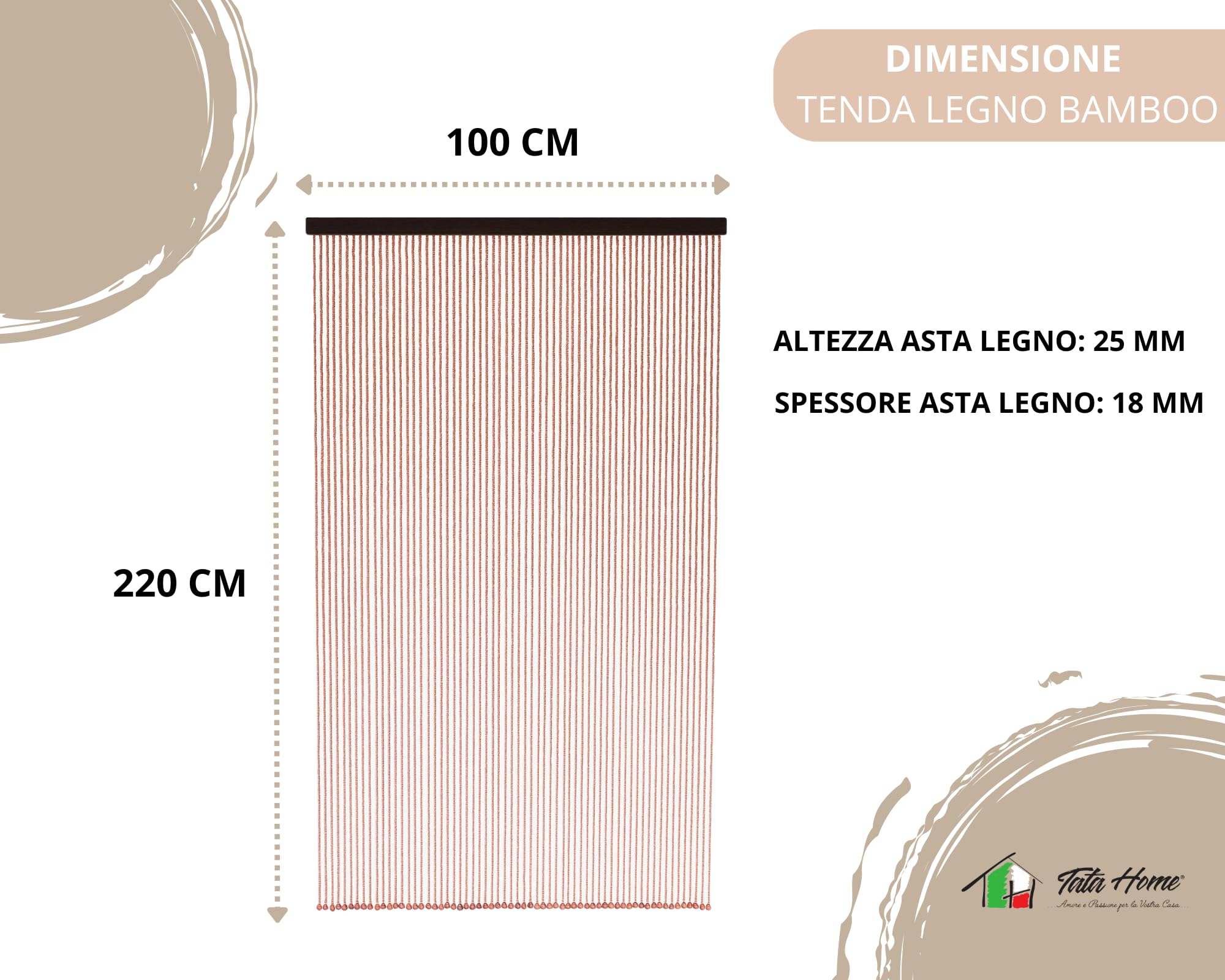 Tenda Antimosche a Perline per Porta Finestra a Pannello Moschiera con Catenelle da Esterno Mod. Legno Bamboo (Marrone, 100x220 cm)
