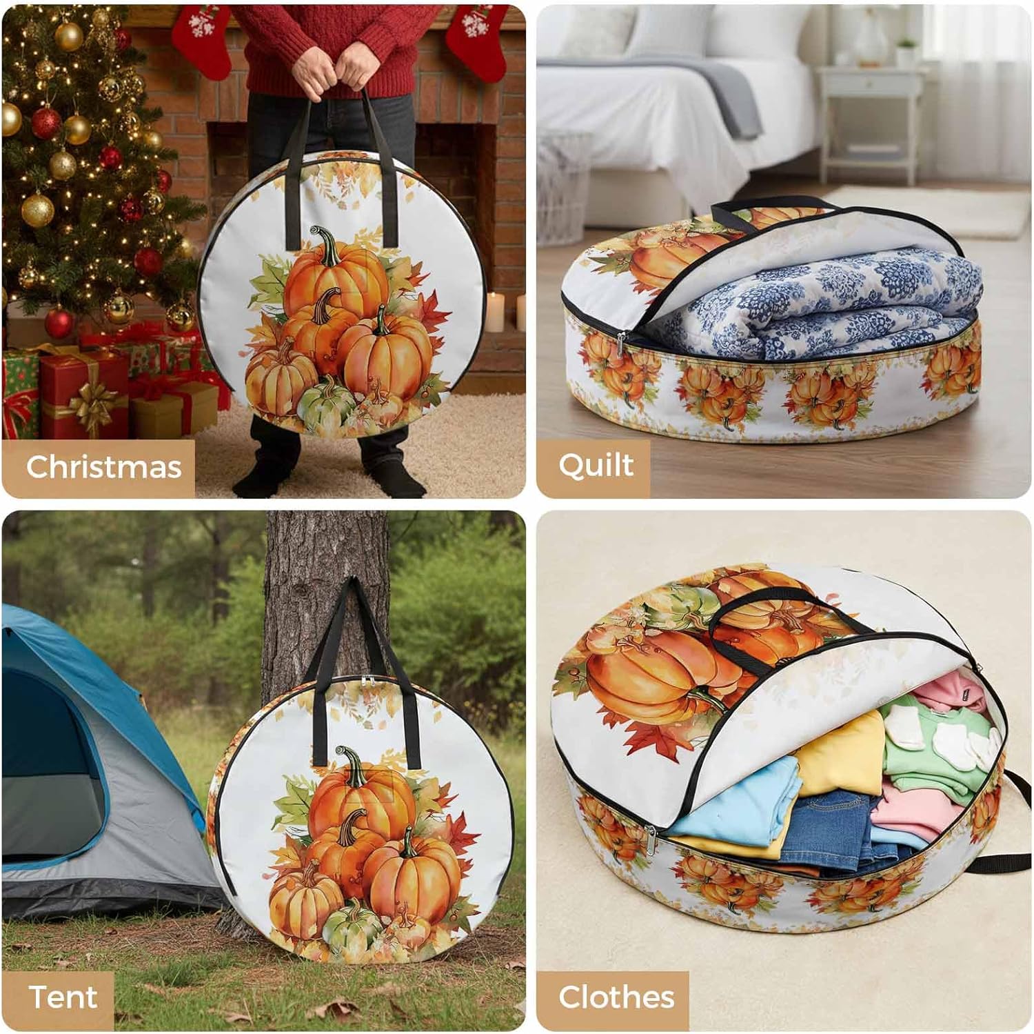 Fall Thanksgiving Round Storage Bag 36 Inch, Pumpkin Watercolor Botanical Maple Leaves Clothes Storage Container with Handles Heavy Duty Organizer for Comforter, Bedding & Holiday Wreaths