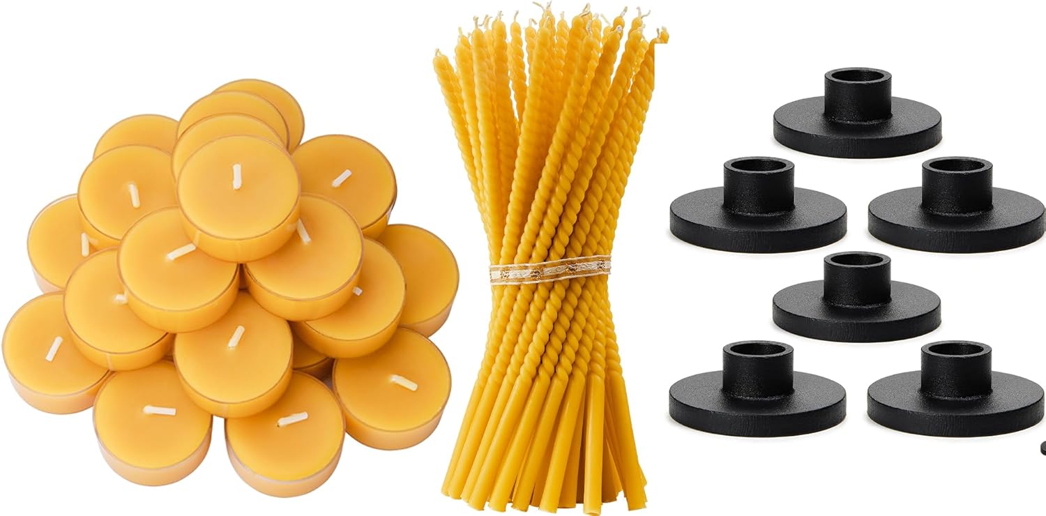 12 Beeswax tealight + 16 Taper Candles + 6 Candle Holders