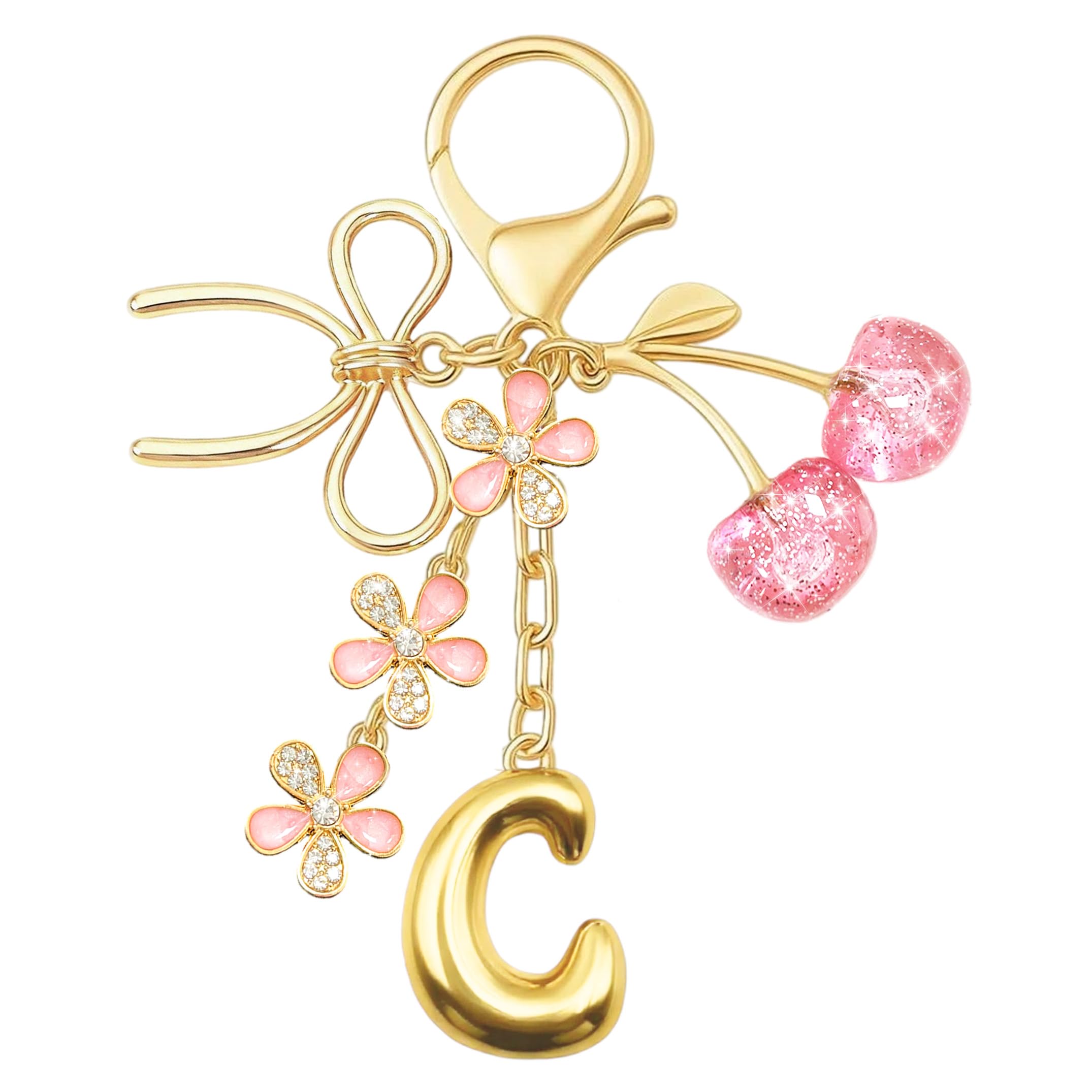 YesMvpMvp Gold Letter Bubble Initial Keychain with Bow & Cherry Strawberry- Bag Charms Handbag Accessories