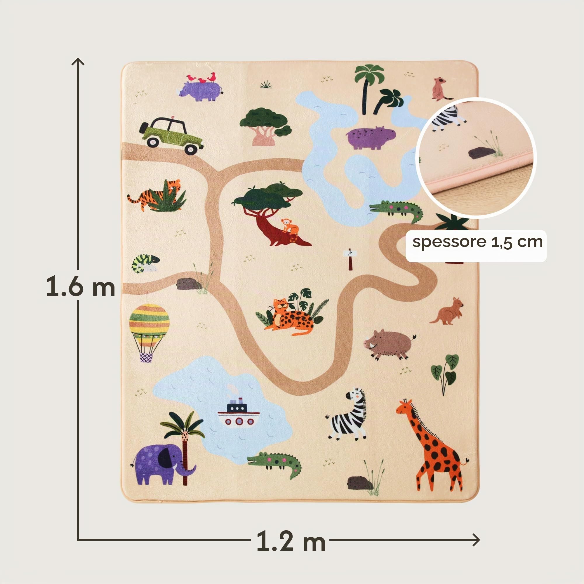 Hakuna Matte Tappeto Neonato 160x120cm Safari - Morbido con Memory Foam - Antiscivolo - Bambini e Neonati