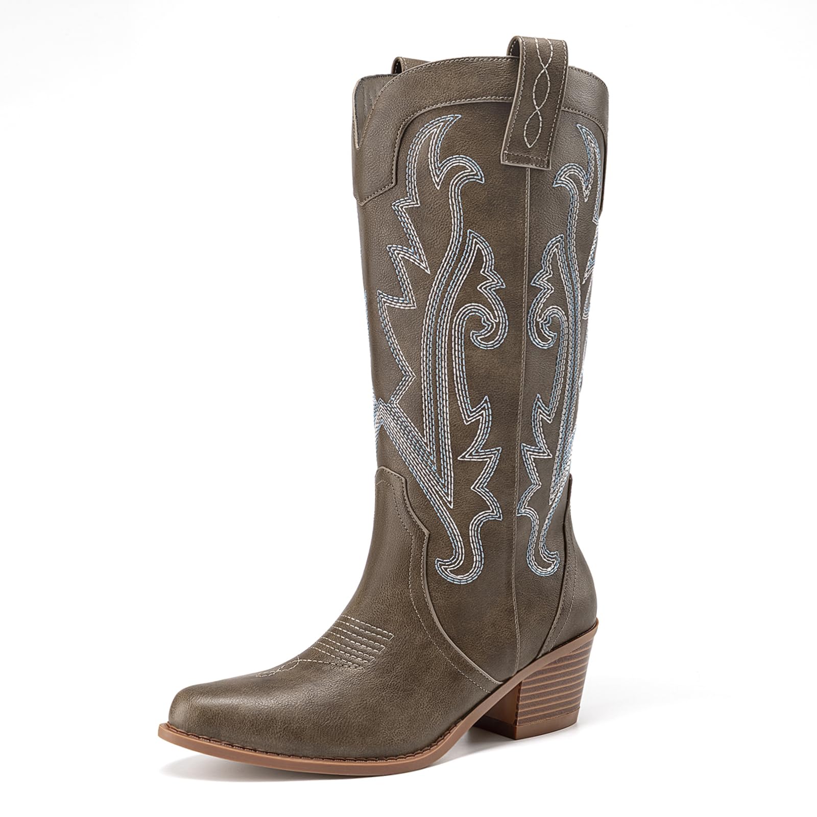 Athlefit Cowboy Boots for Women Vintage Embroidered Country Western Cowgirl Boots Low Chunky Heel Pointed Toe Mid Calf