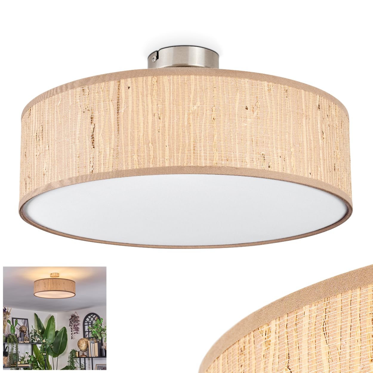 HOFSTEIN Ceiling lamp Foggia, Ceiling lamp Made of Metal/Wood/Fabric/Plastic in Nickel matt/Natural/Beige/White, Round Boho lamp (Ø 40 cm), E27, Dining Room, Living Room, Bedroom, Kitchen, Hallway