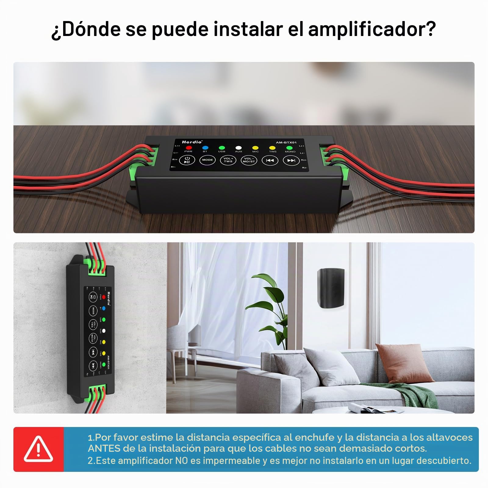 Herdio Amplificador Bluetooth 5.0 de 4 Canales,200W de Potencia con Fuente 24V 5A AC - DC, Instalación en Pared, USB/Mic/AUX/TWS (40W por Canal)