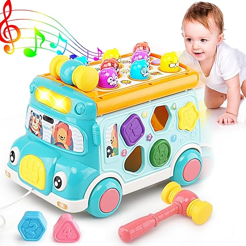 Music Activity Bus Baby Toy, Infant Education Learn Car, Sound & Light, Interactive Game, Shape Sorter, Animal Matching, Holiday Birthday Present for Toddler Kid Boy Girl 3 4 5 6 7 Years (Blue)
