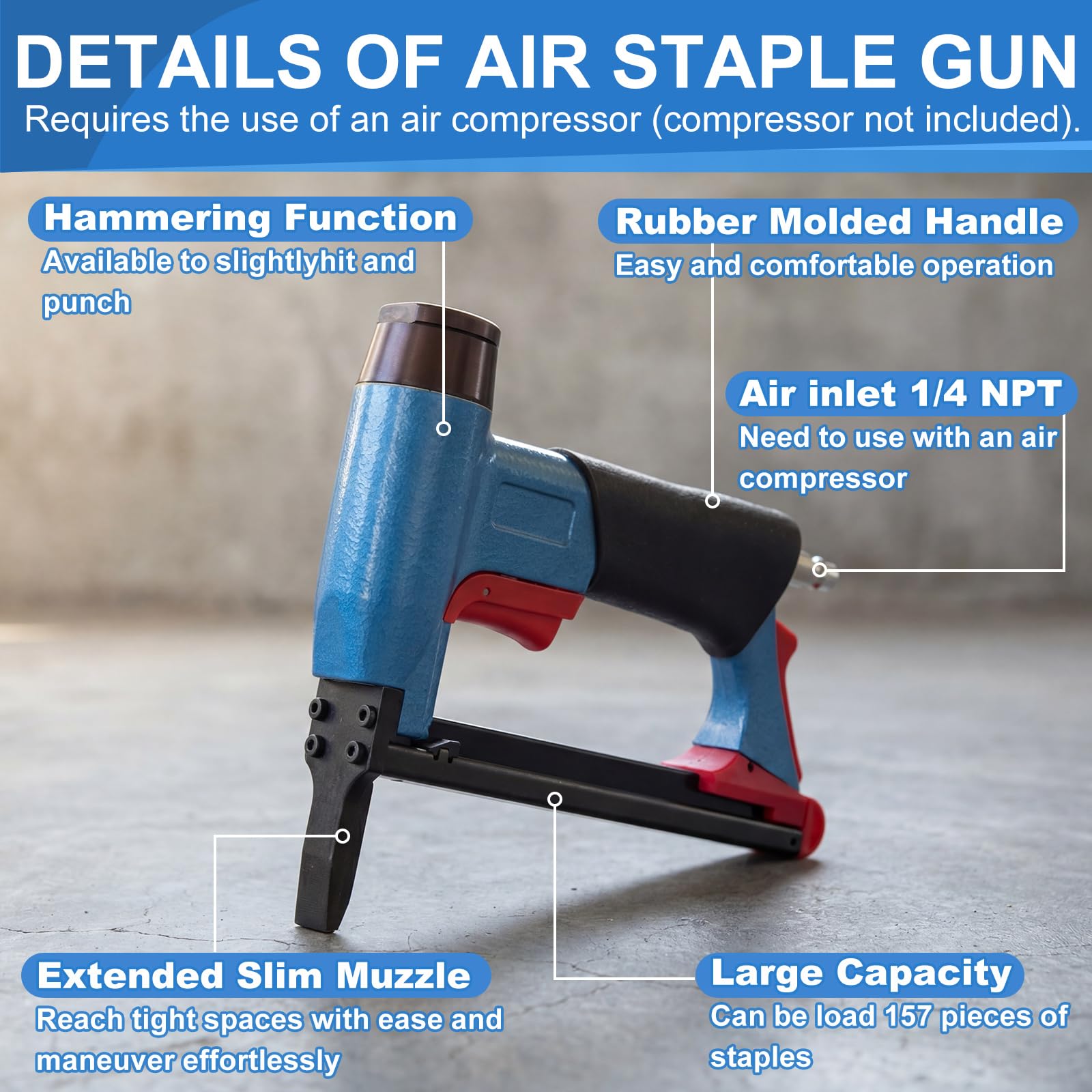 Cucitrice pneumatica per tappezzeria, calibro 21, compatibile con pistola ad aria serie 80 (corona da 1/2"), lunghezza 1/4"-5/8", caricatore 190 punti, 60-100 Psi, 1/4" Npt