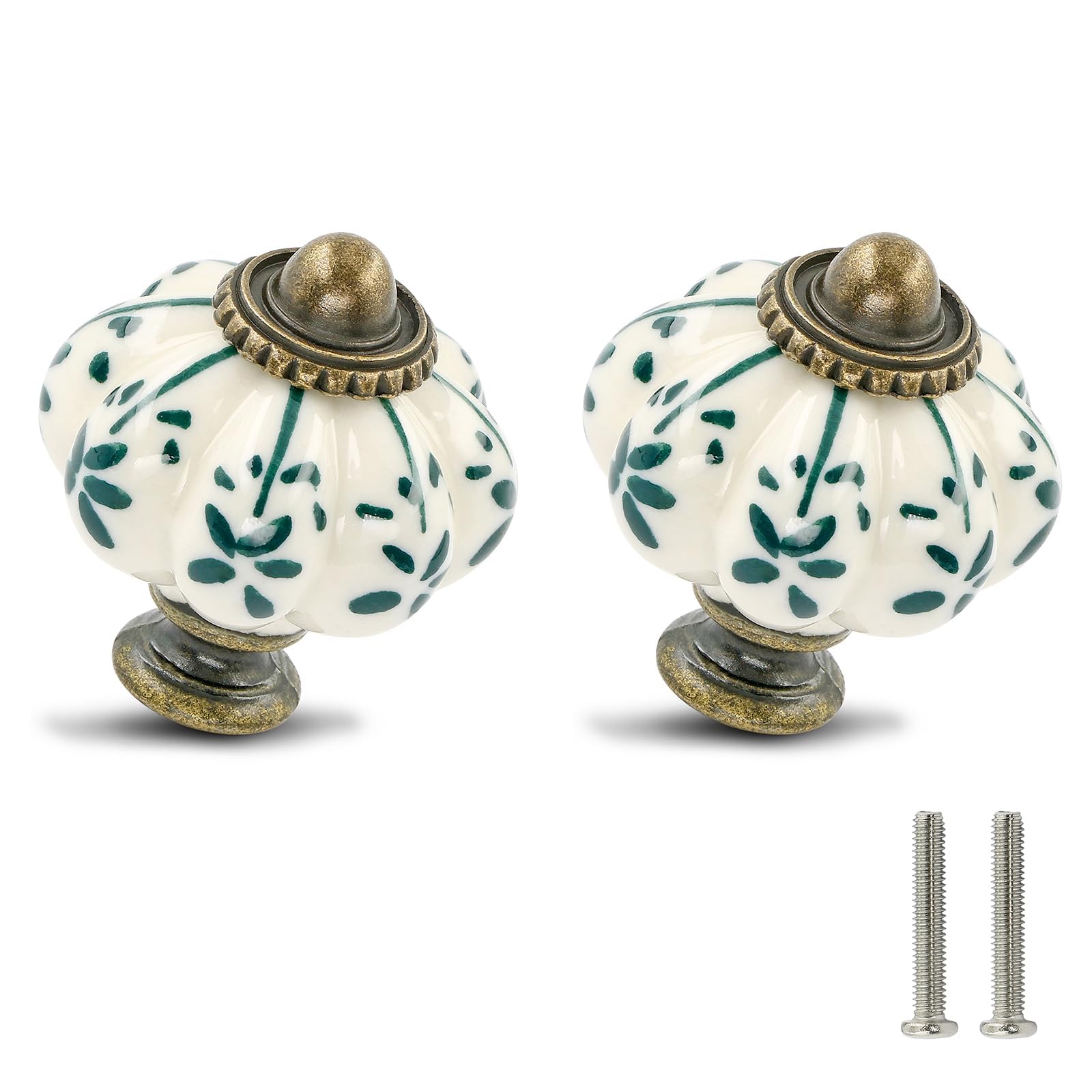 Ivory & Green Pumpkin Knobs 12 Pack Ceramic Cabinet Knobs Vintage Drawer Pulls - Antique Dresser Pulls with Screws - Green Flower